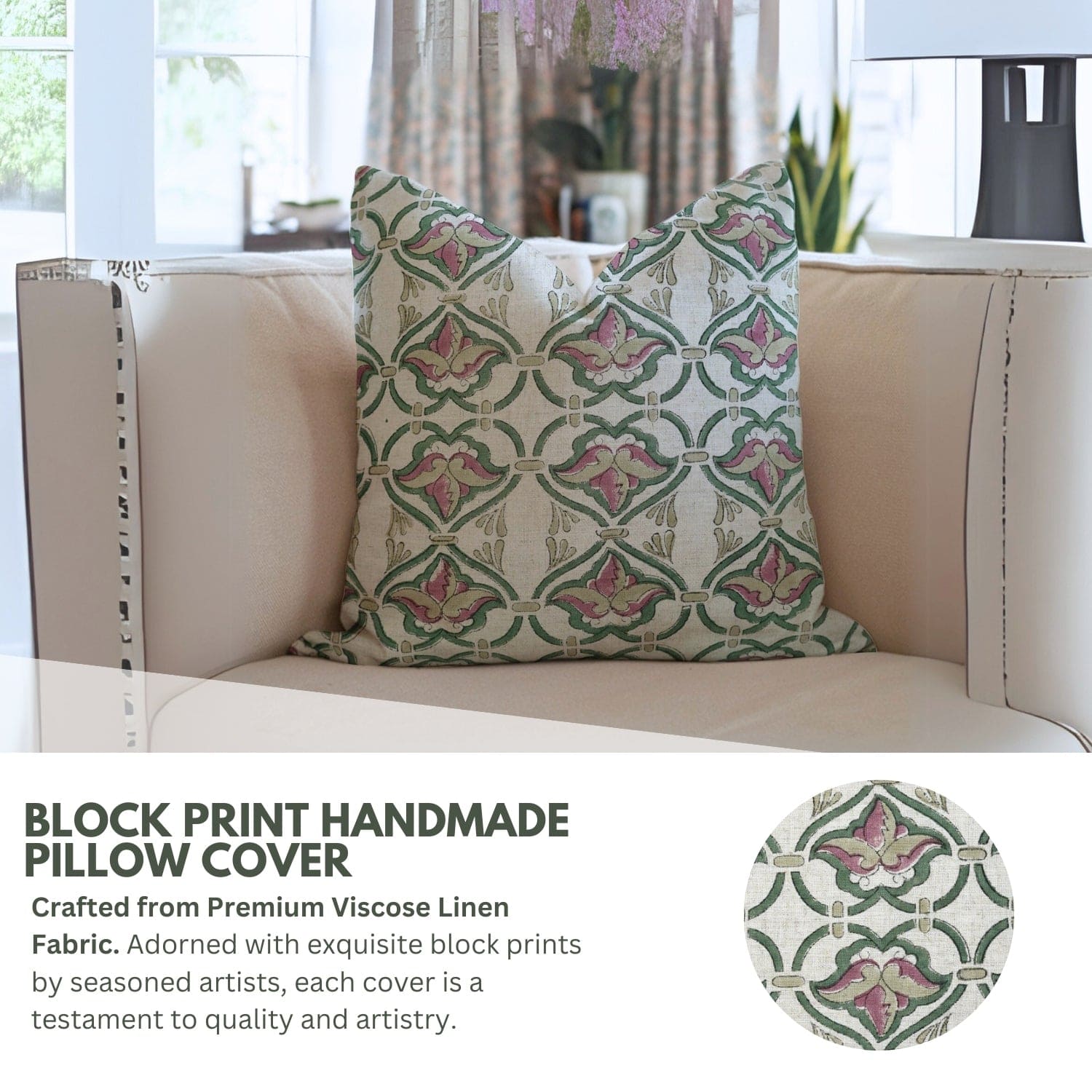Complete handblock print Haridyavan cushion cover by Fab Divine, styled in home décor arrangement