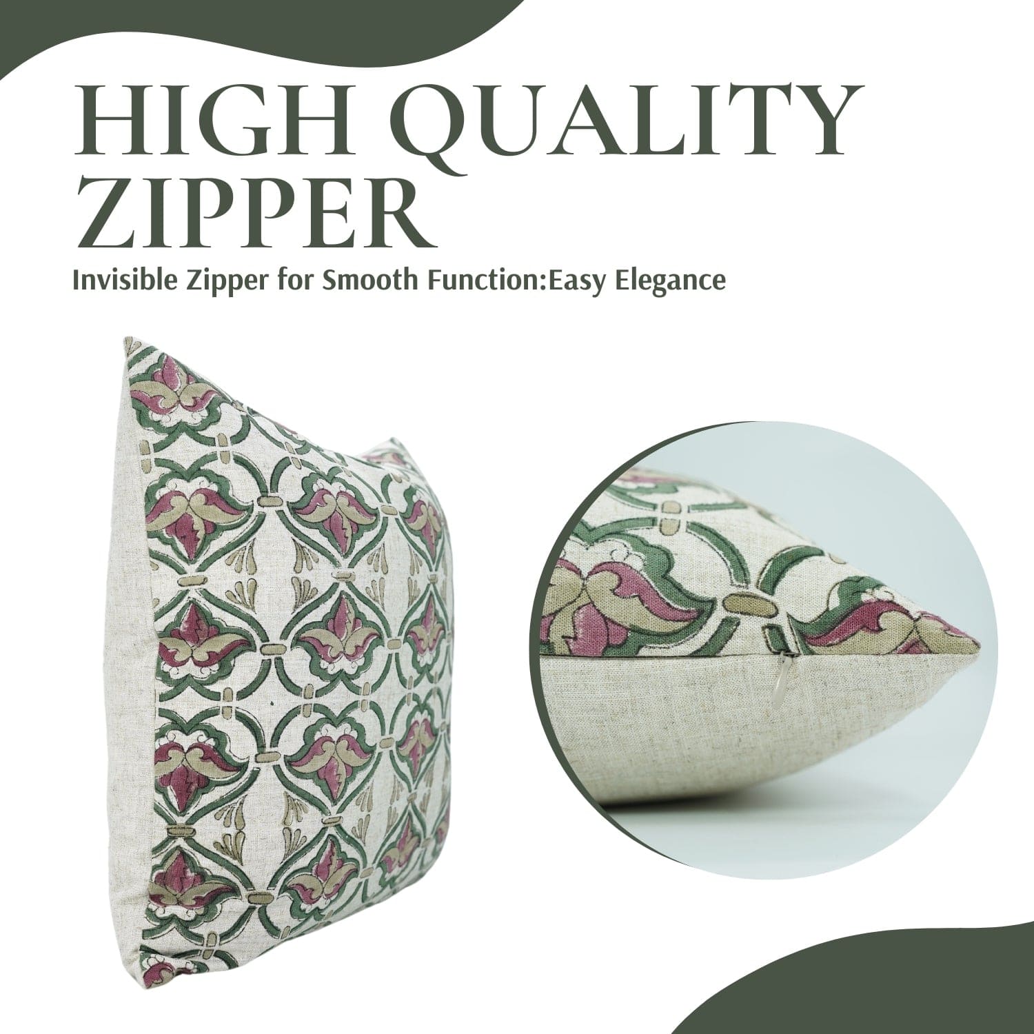 Decorative pillow with a floral pattern and text about high-quality zipper