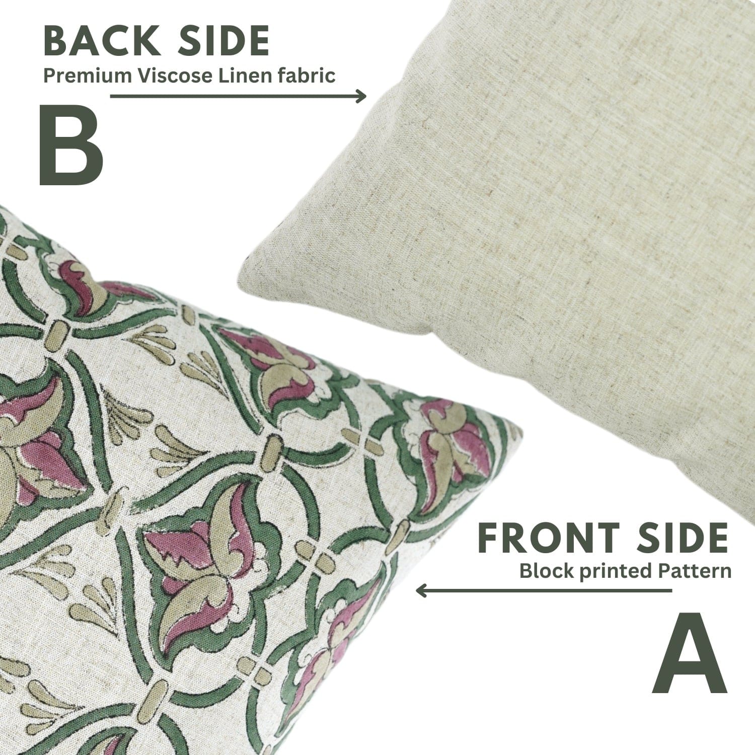 Front and back view of Fab Divine handblock print Haridyavan pillow cover, viscose linen fabric