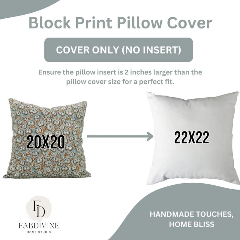 Block print pillow cover with dimensions and FabDivine branding on a white background