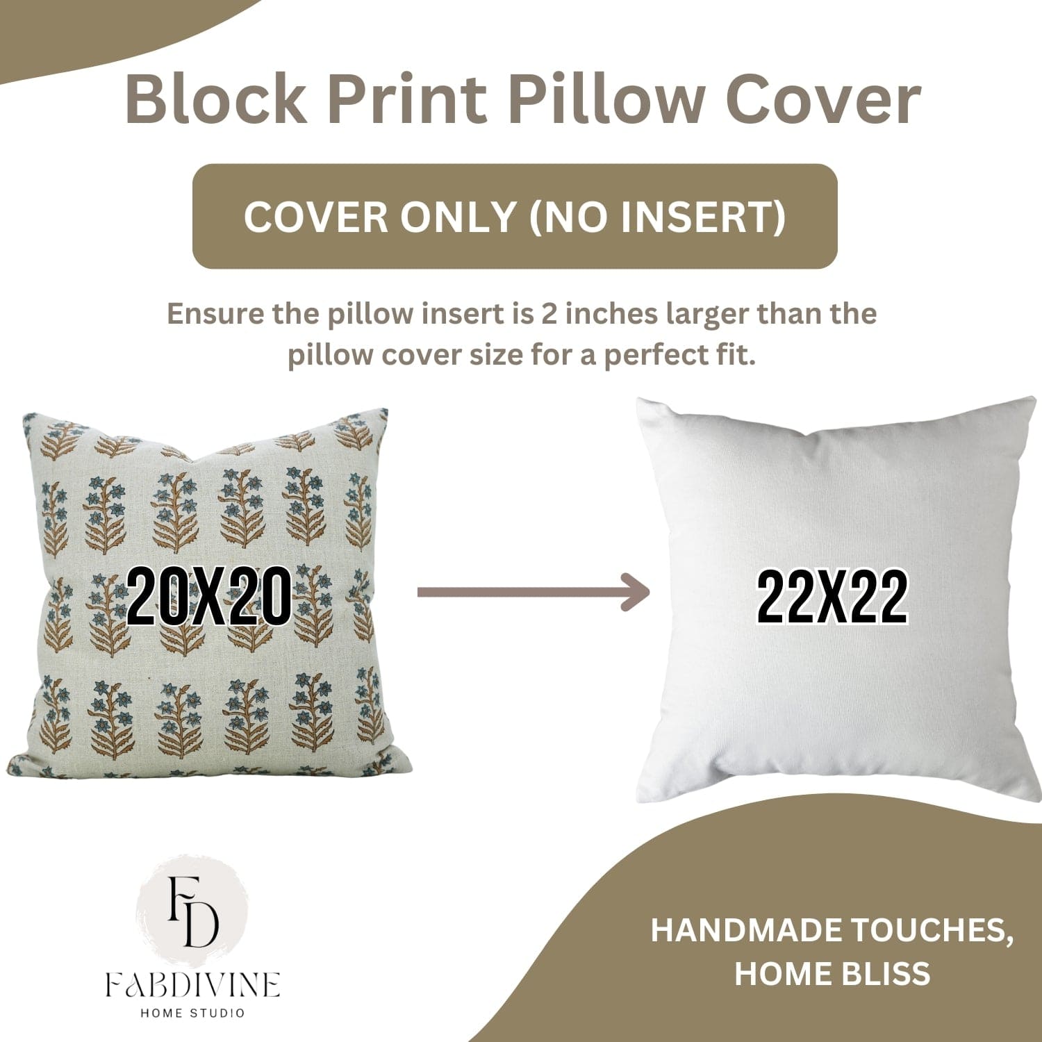 Block print pillow cover with dimensions and Fabdivine branding