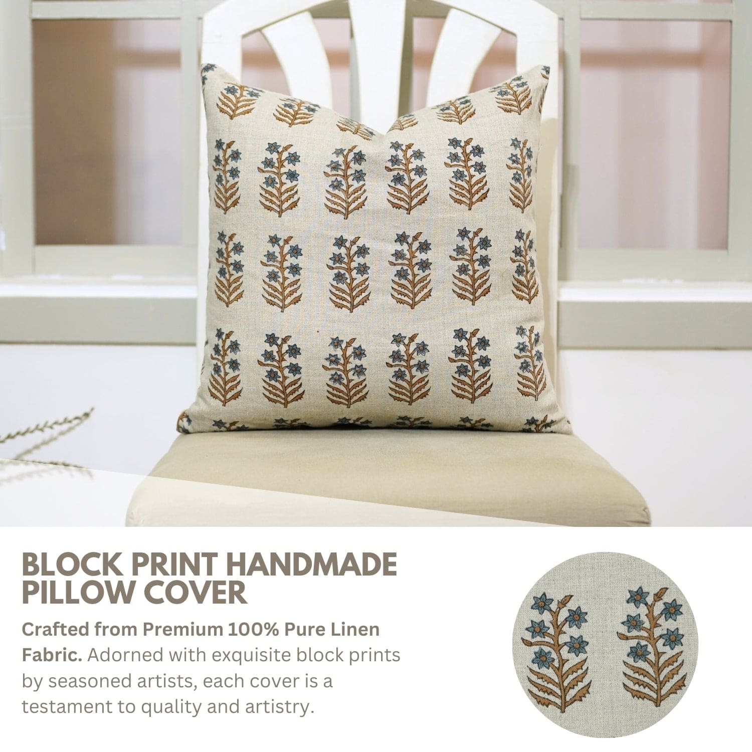 Block print handmade pillow cover on a chair with product description text.