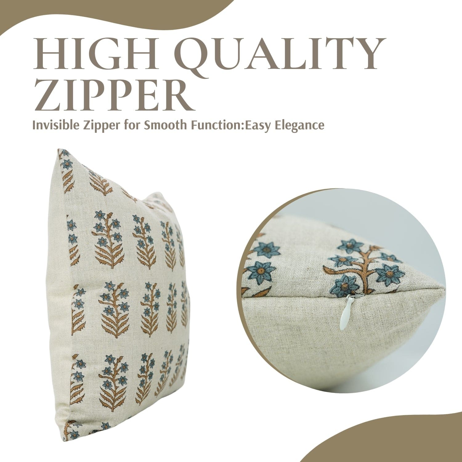 Decorative pillow with floral patterns and an invisible zipper, on a white background.