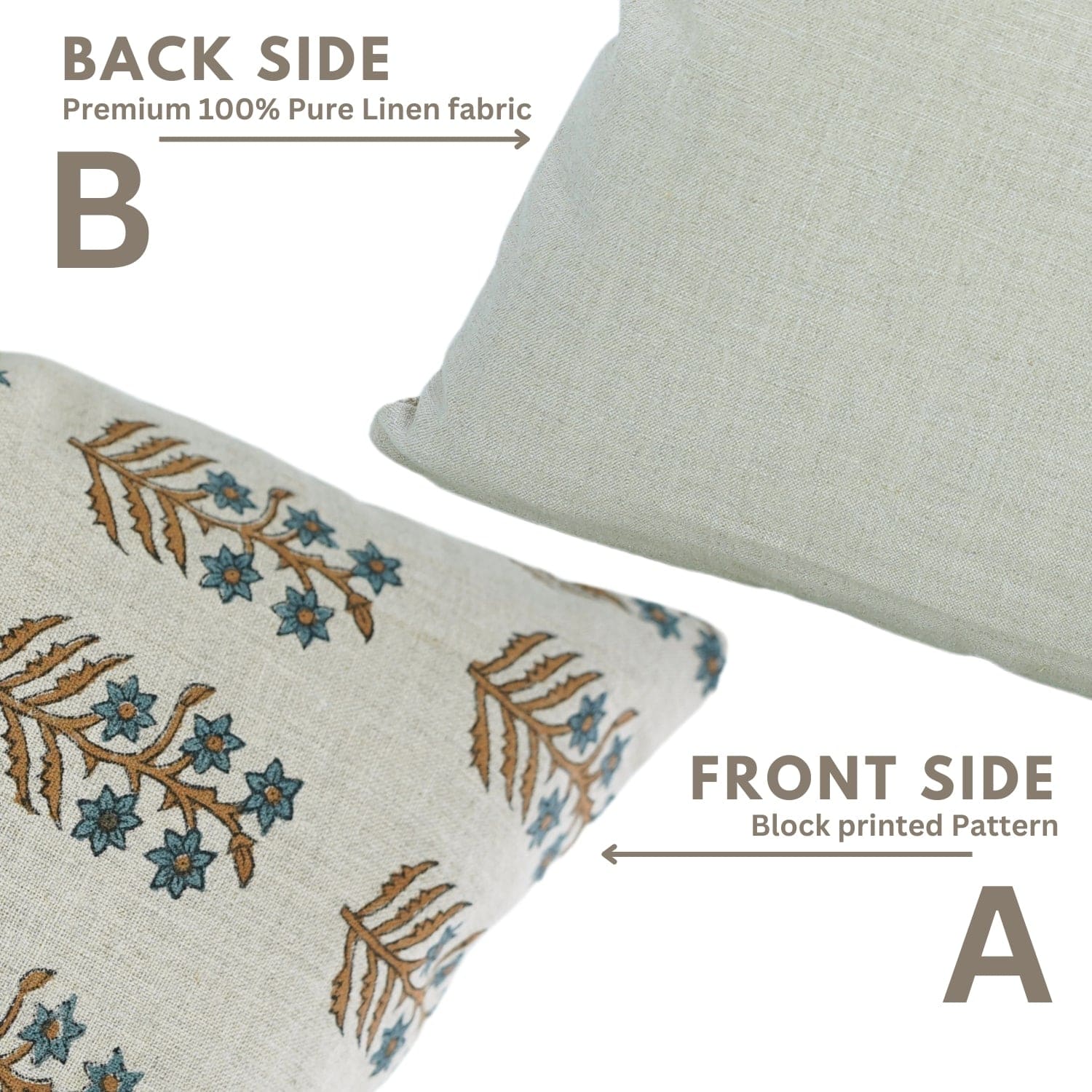 Two pillows showing front and back sides with floral patterns on a white background.

