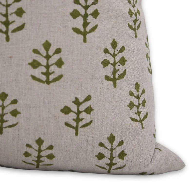 Handmade Green Floral Linen Pillow Case - Jaisalmer