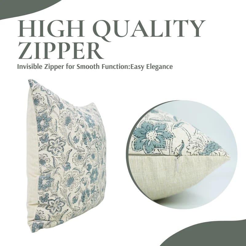 Decorative pillow with floral pattern and text about high-quality zipper