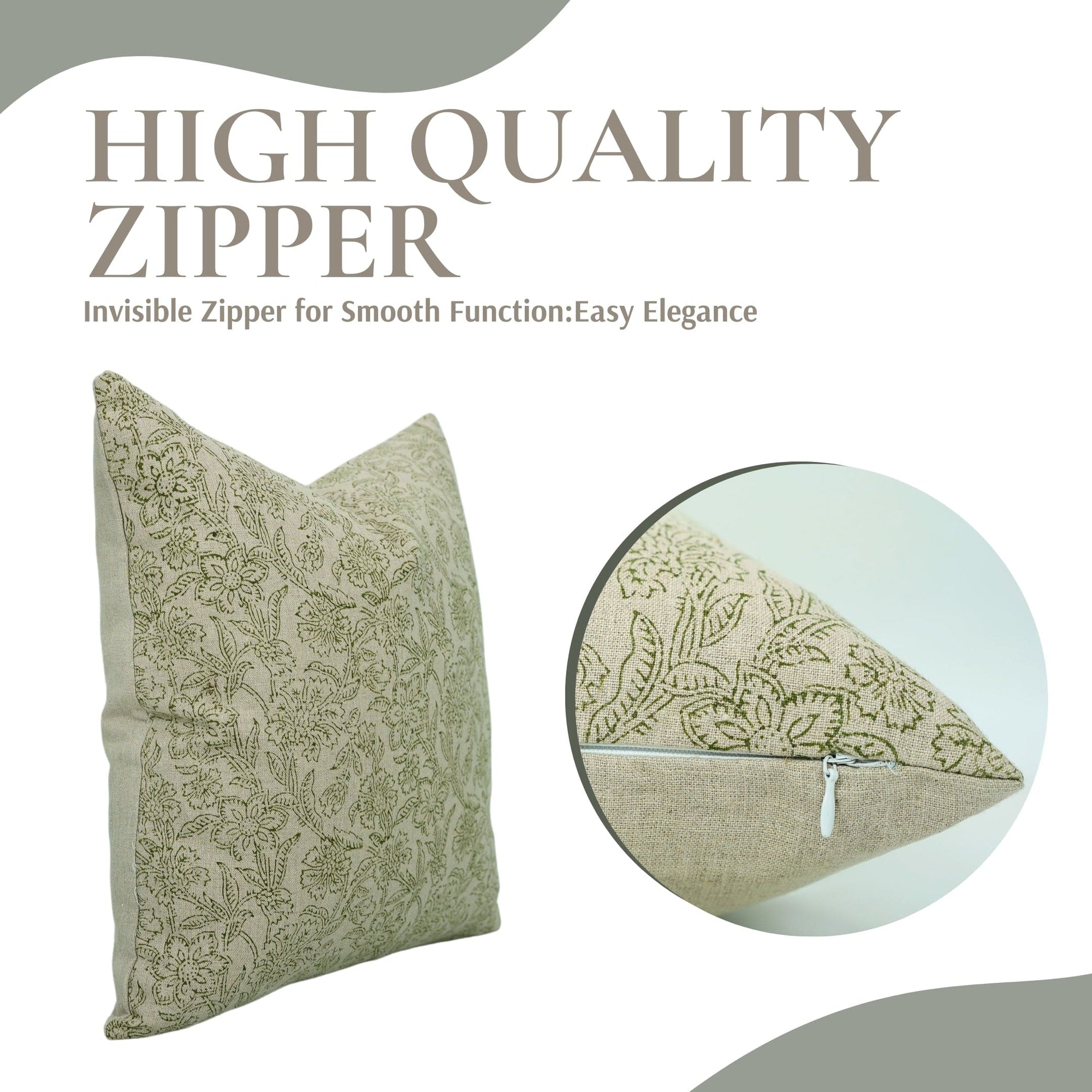 Decorative pillow with a zipper and text about high-quality zipper