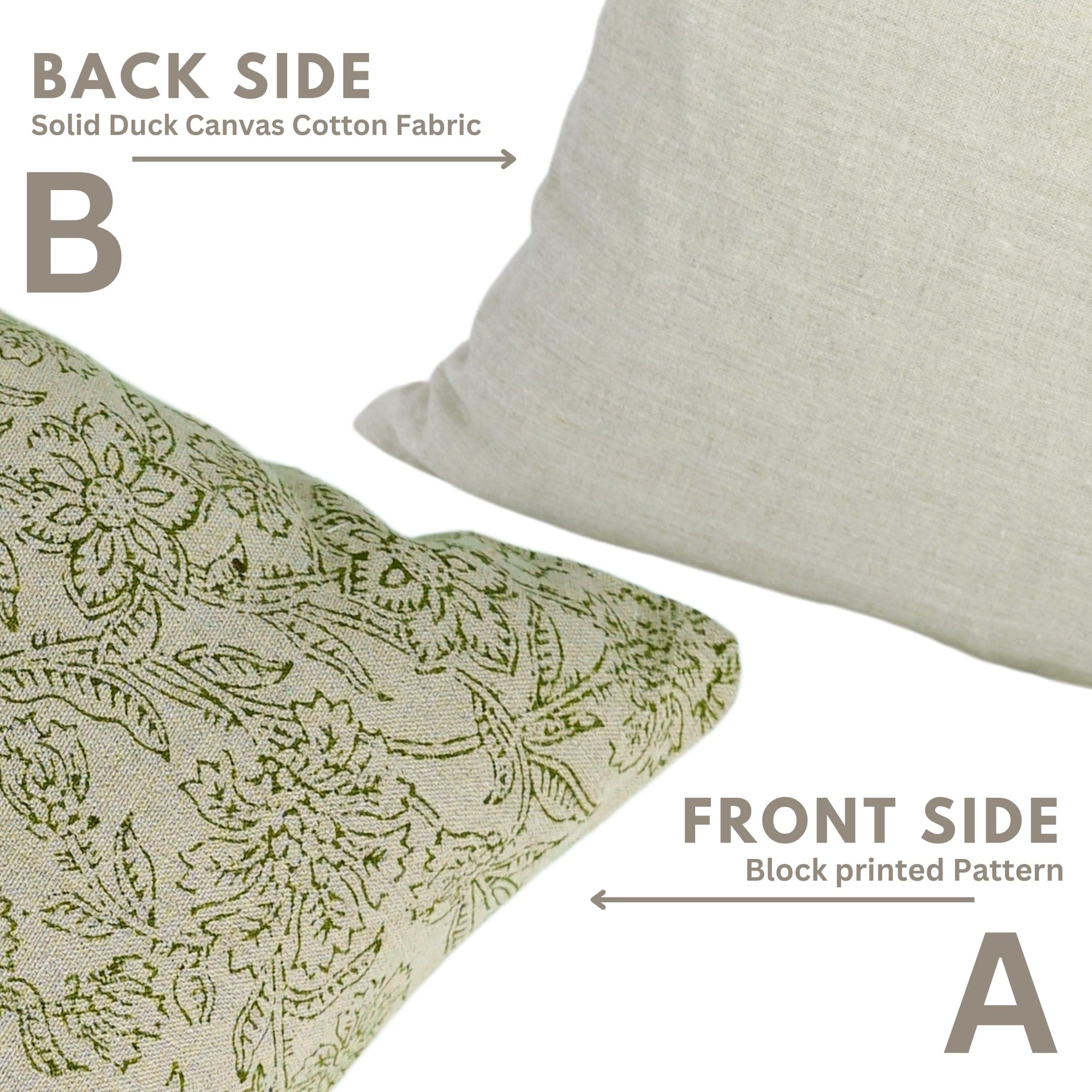 Two pillows showing front and back sides with text indicating fabric type.

