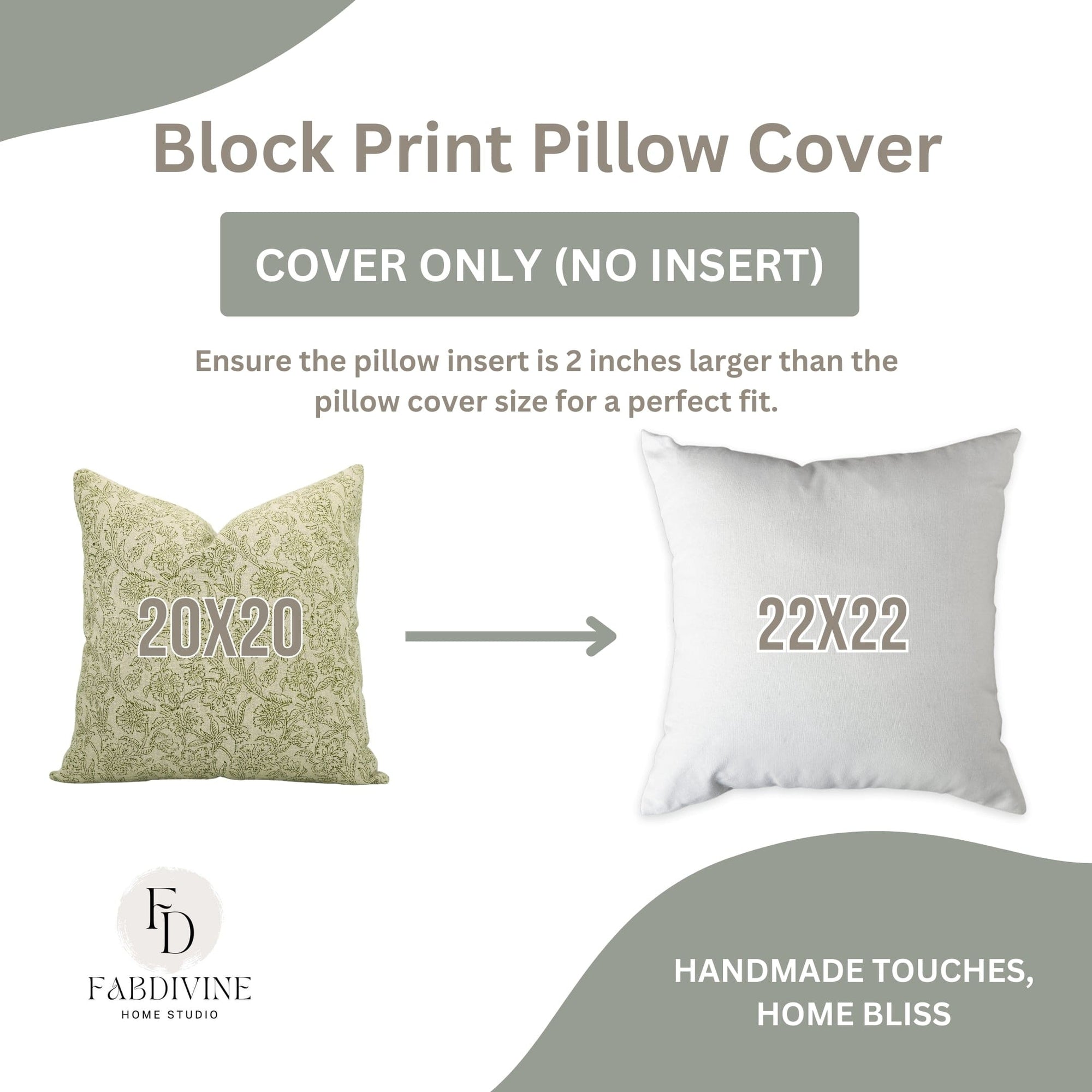 Block print pillow cover with size information and Fabdivine branding.

