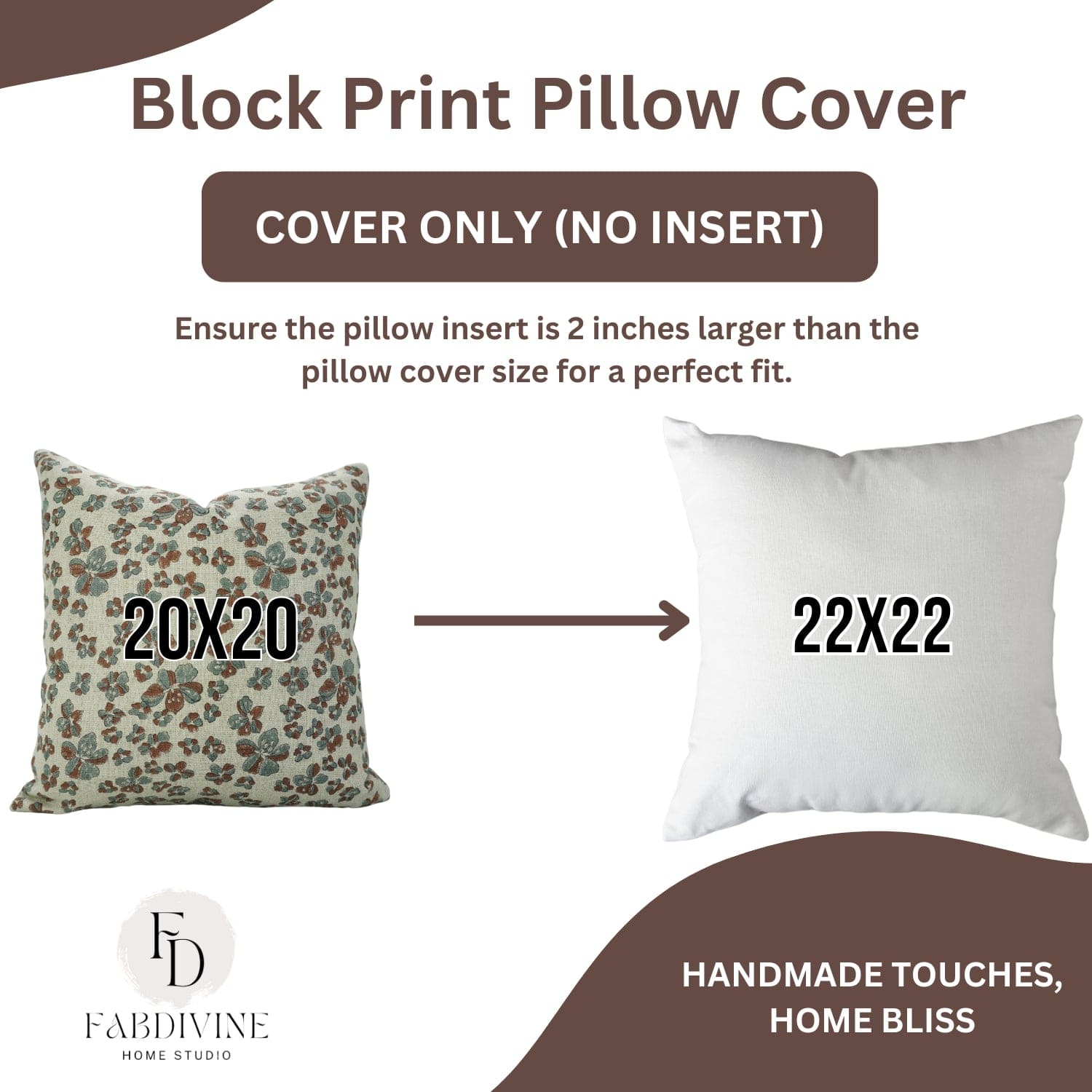 Block print pillow cover with dimensions 20x20 and 22x22, featuring FabDivine Home Studio branding.

