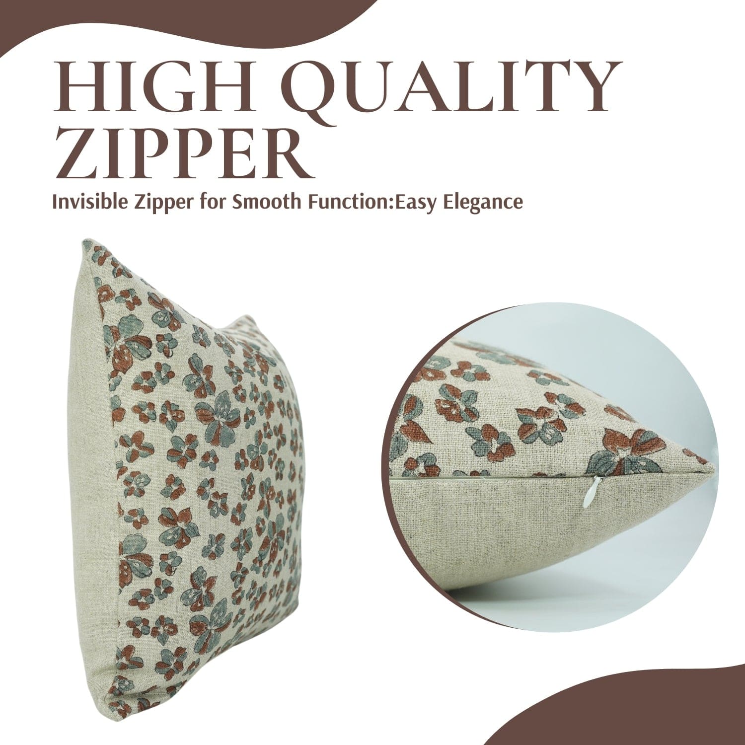 Decorative pillow with floral pattern and zipper detail on a white background