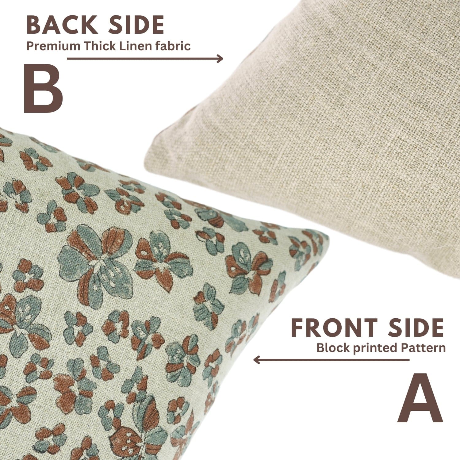 Two pillows showing front and back sides with floral pattern and plain fabric.