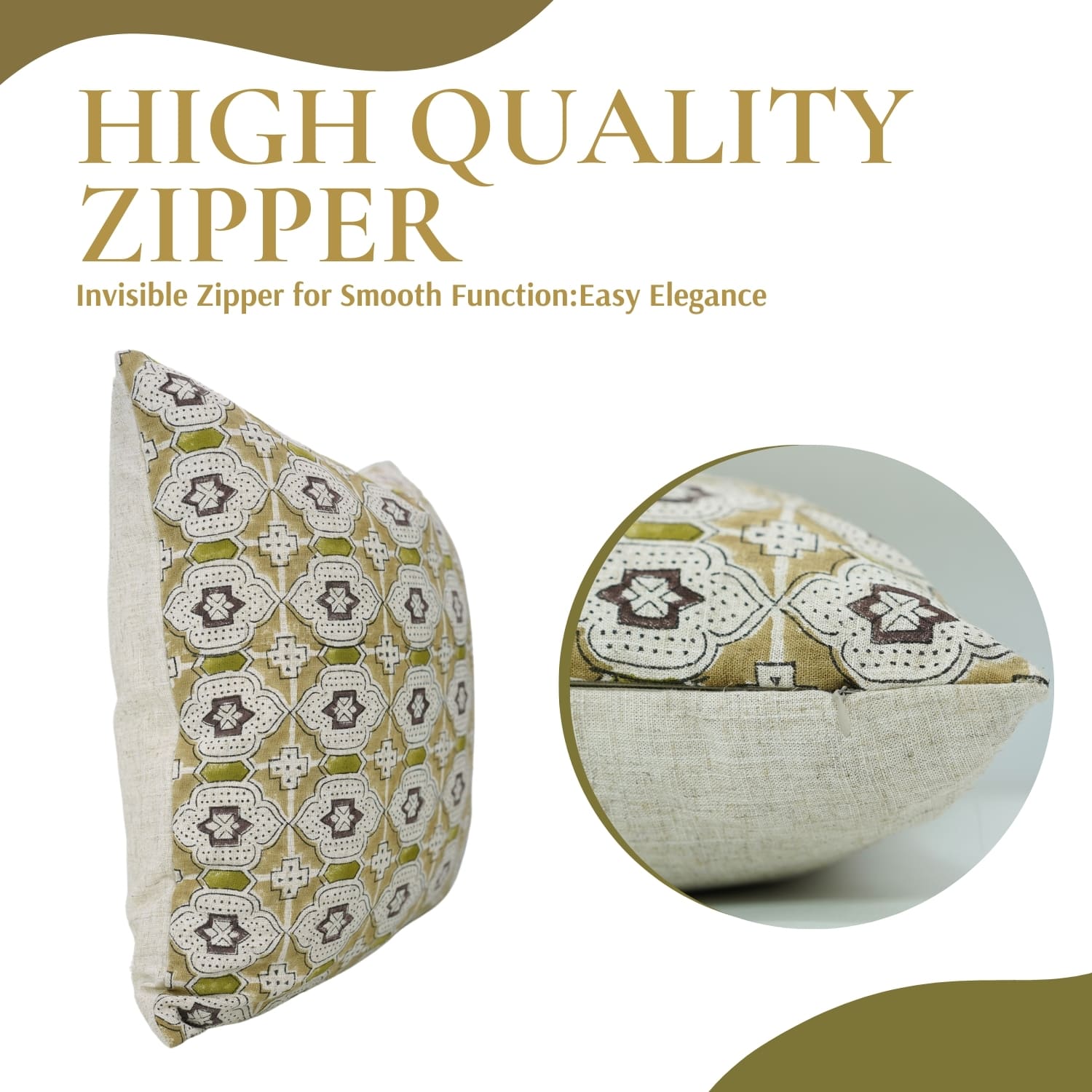 Decorative pillow with geometric pattern and text about high-quality zipper