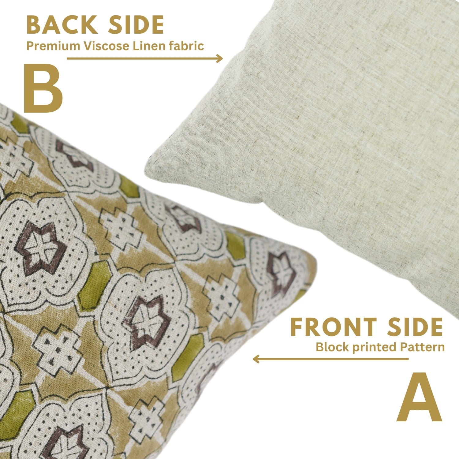Two pillows showing front and back sides with text indicating fabric type and pattern.