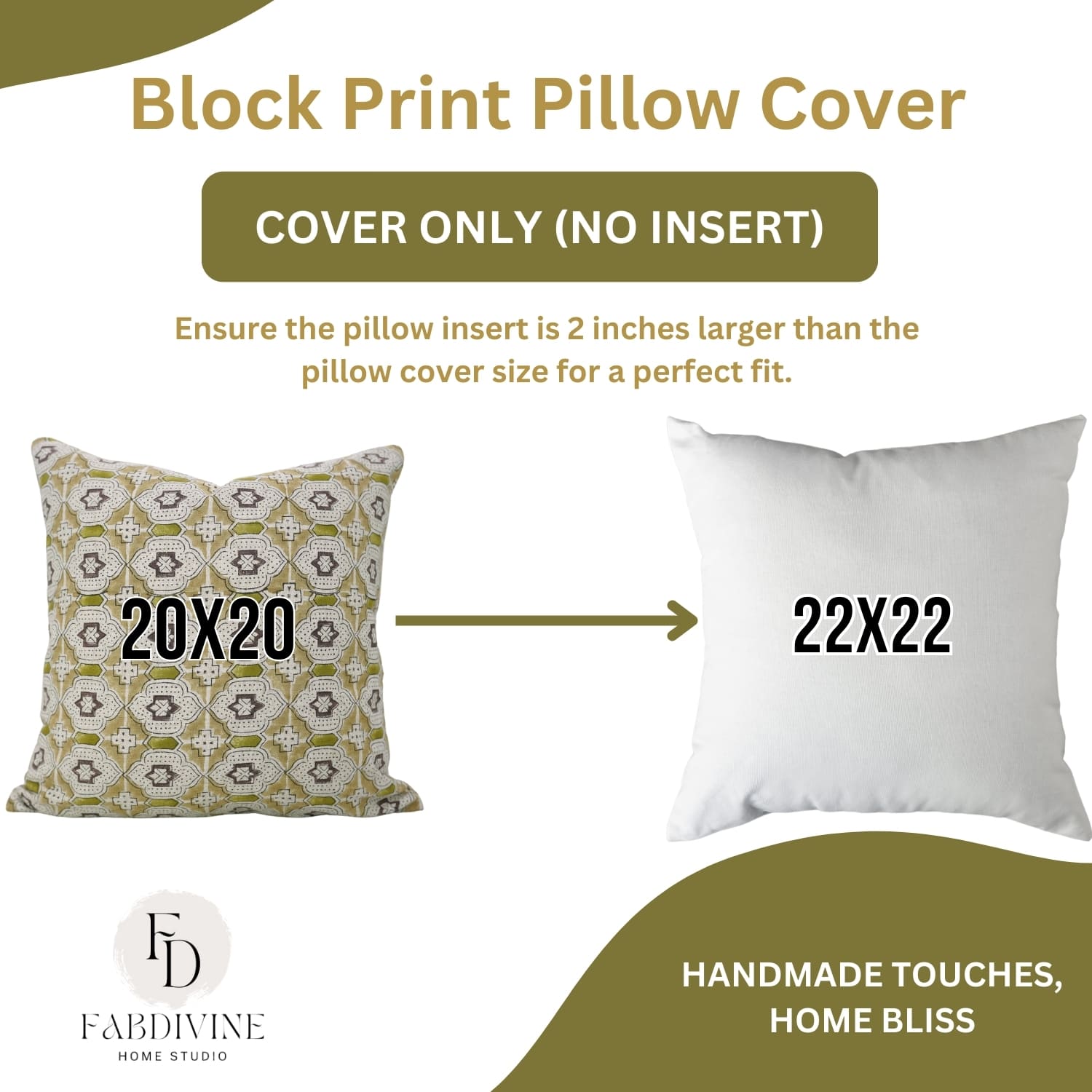 Block print pillow cover with dimensions and Fabdivine branding