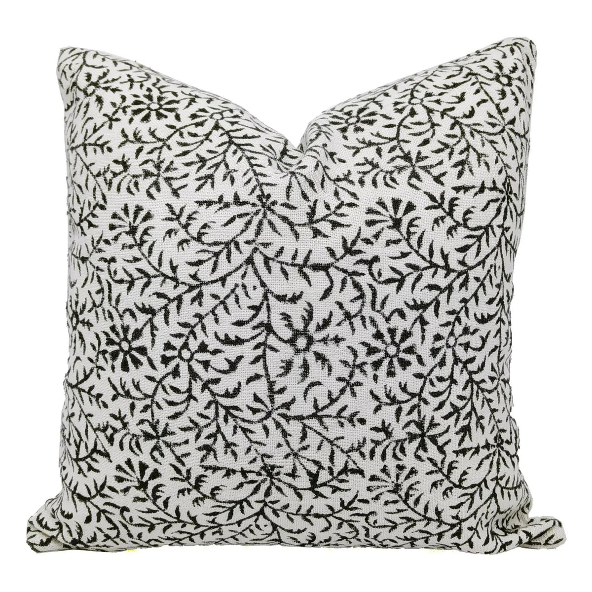 Jungli Ghaas Black Vine Floral Hand Block Print Off White Linen Pillow Cover