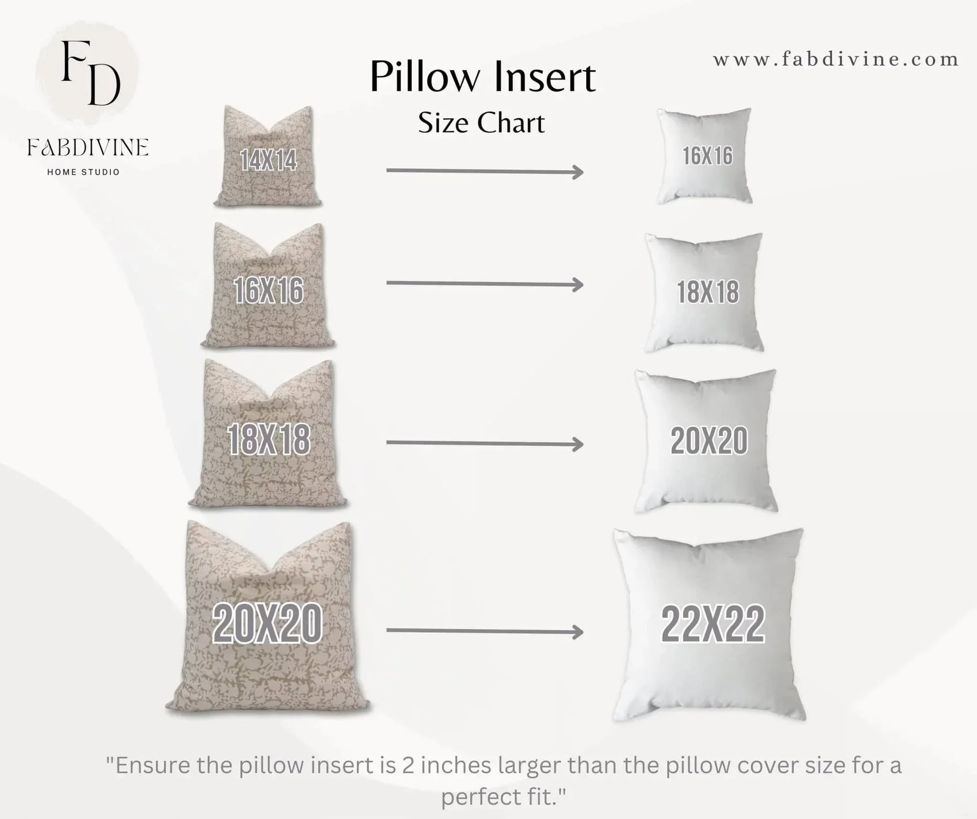 Pillow insert size chart with FabDivine Home Studio branding on a white background