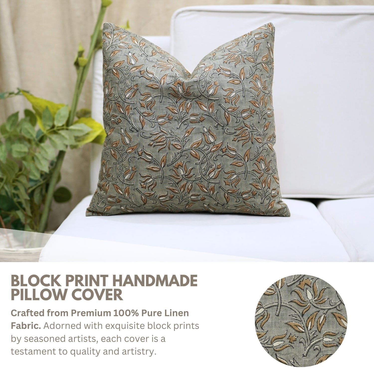 Block print handmade pillow cover on a white sofa with text describing the product.