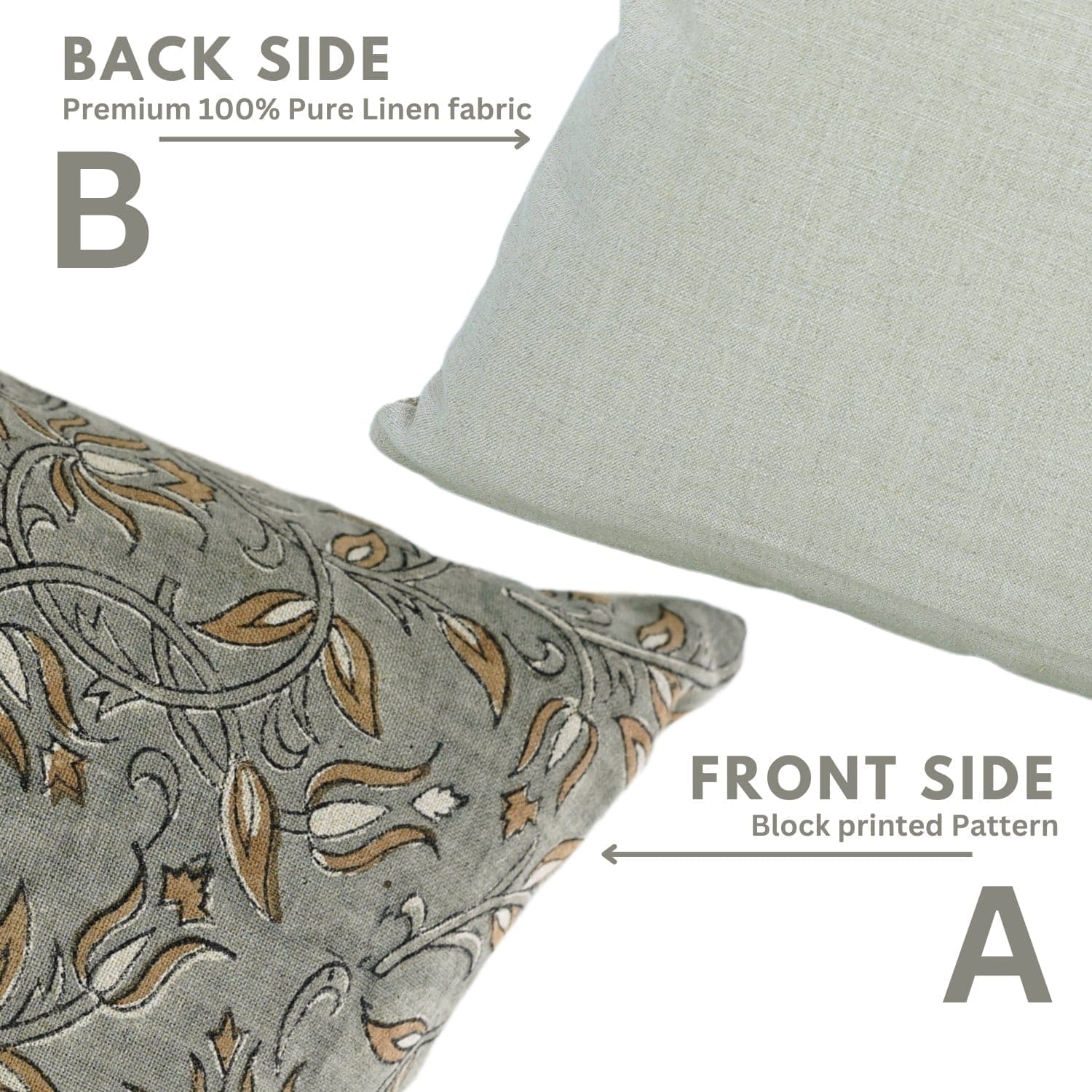 Two pillows showing front and back sides with text indicating fabric type and pattern.


