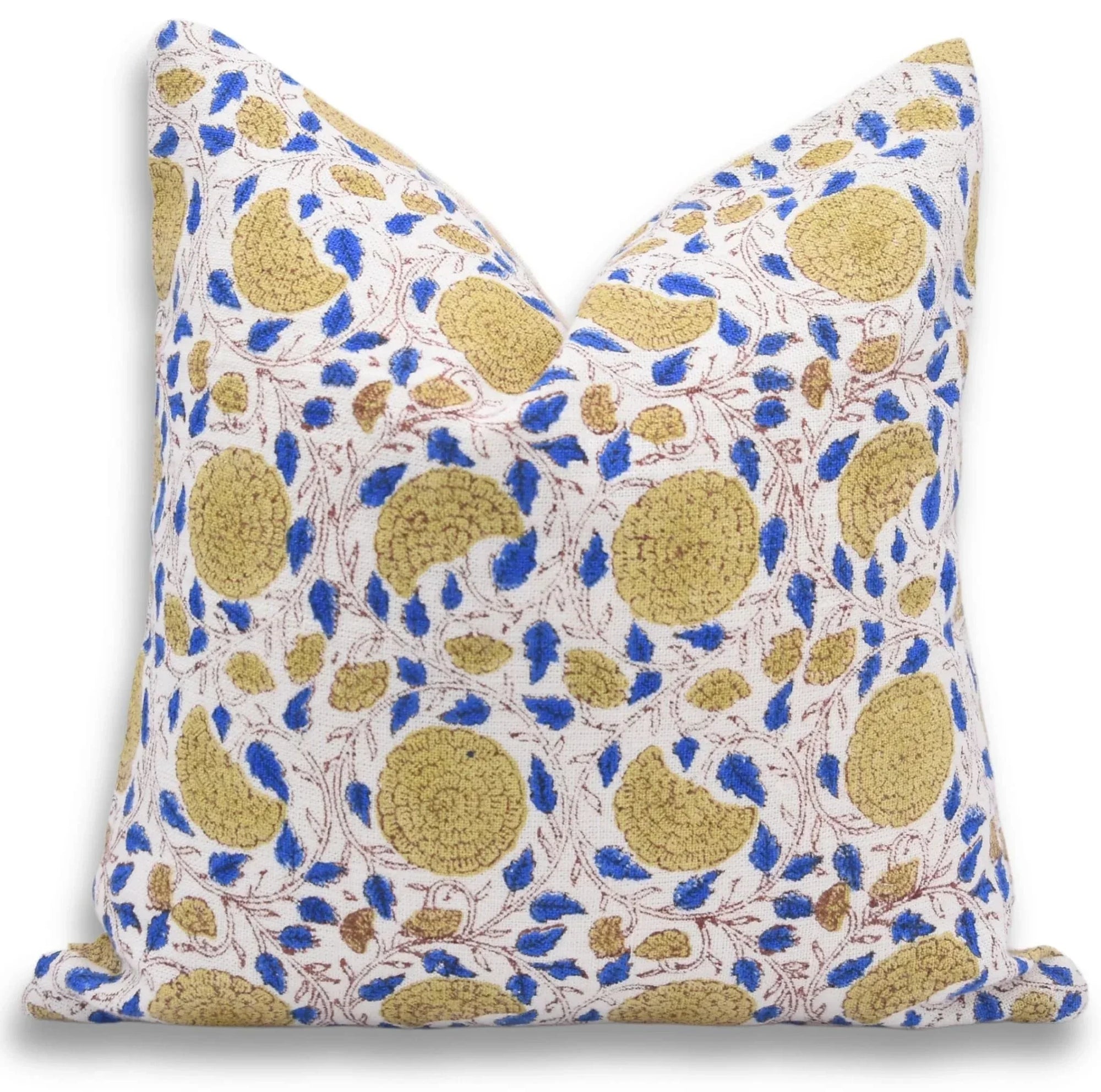 Decorative pillow with blue and yellow floral pattern on a white background