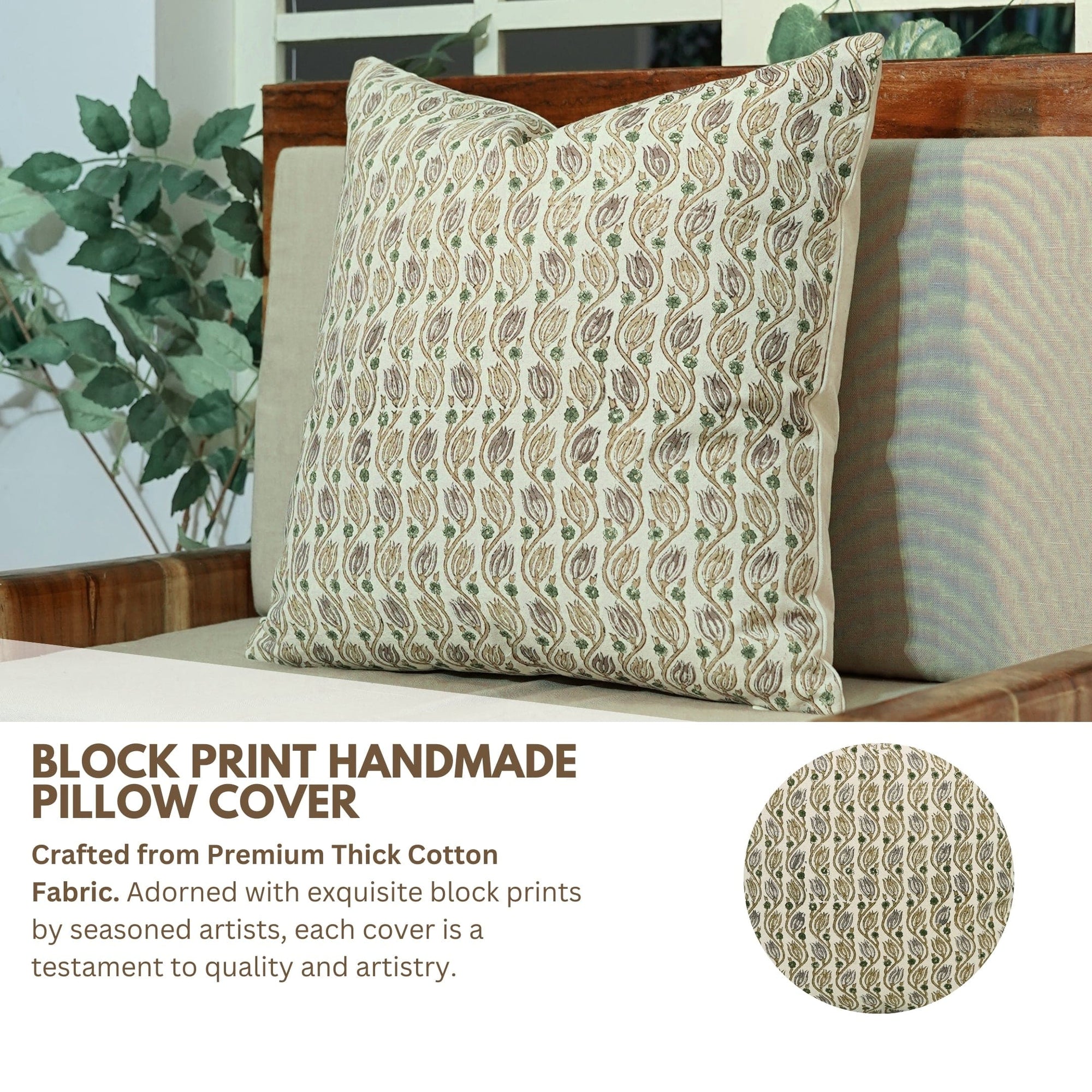 Block print handmade pillow cover on a sofa with decorative text and fabric swatch.

