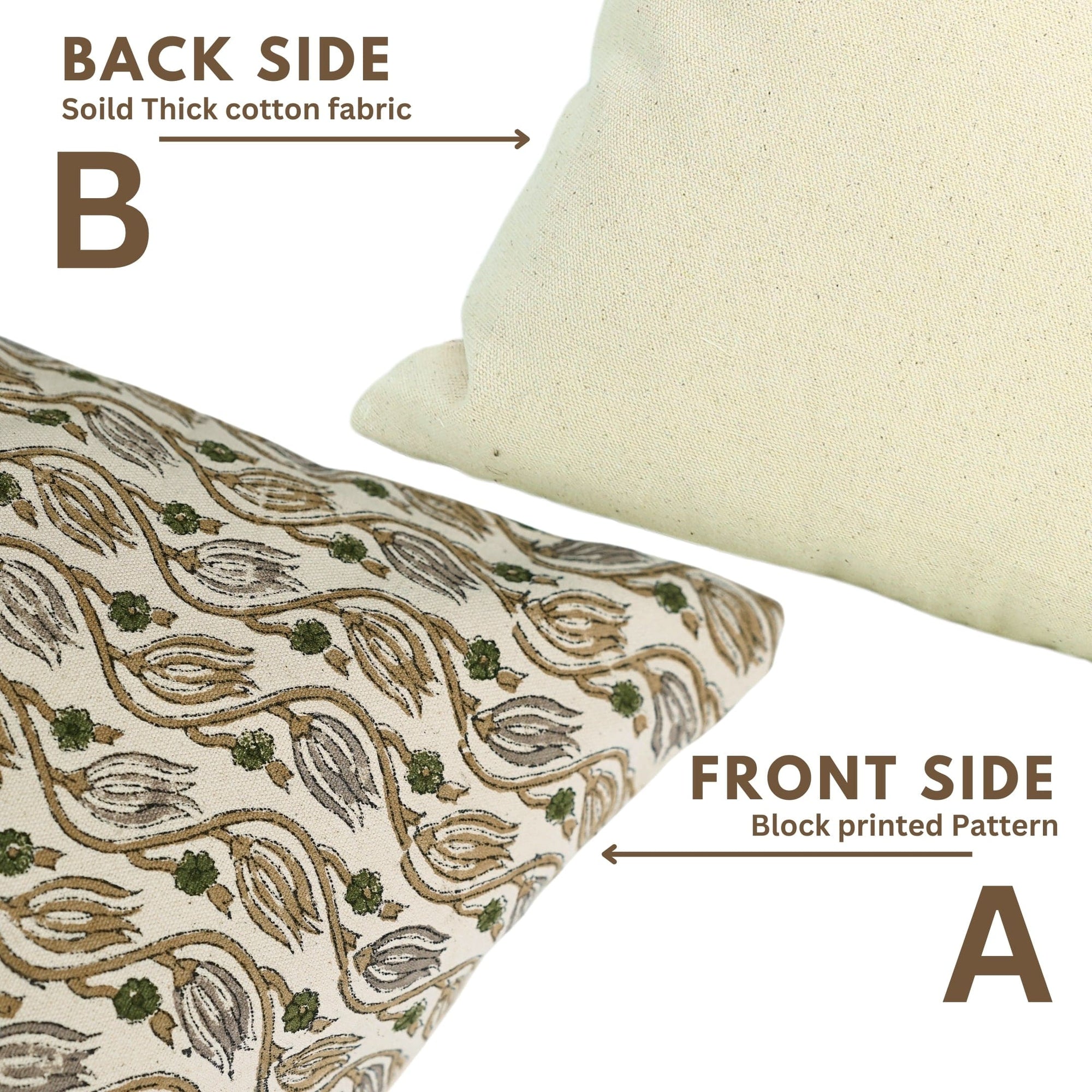 Fabric with block printed pattern on one side and solid thick cotton fabric on the other, shown with a pillow.

