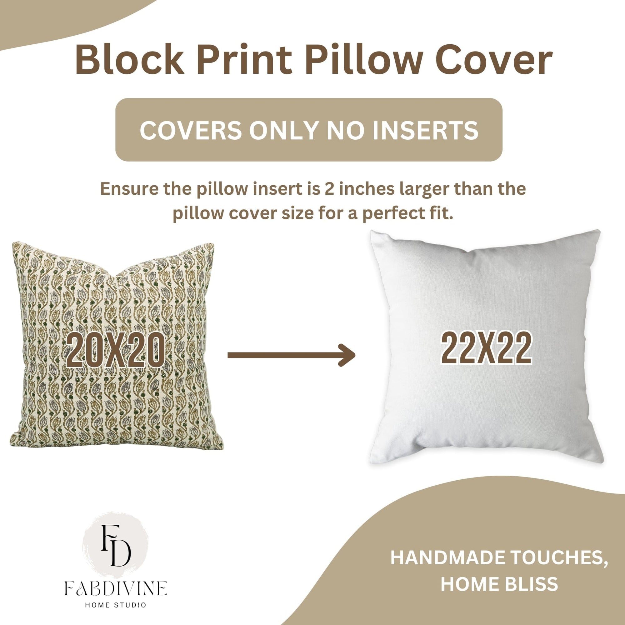 Block print pillow cover with dimensions and Fabdivine Home Studio branding.