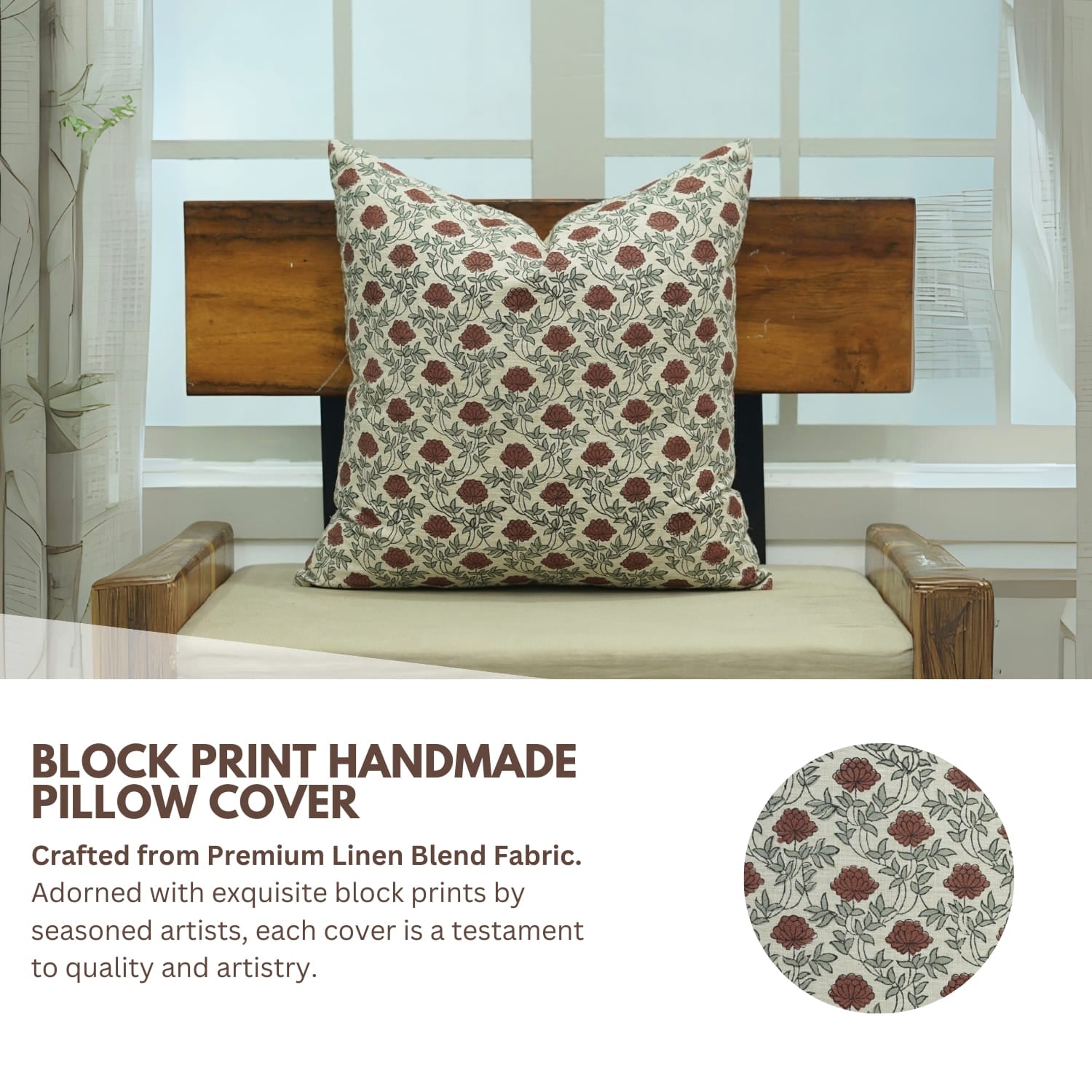 Elegant handblock print pillow cover, Khoobsurat design, Fab Divine, linen blend fabric