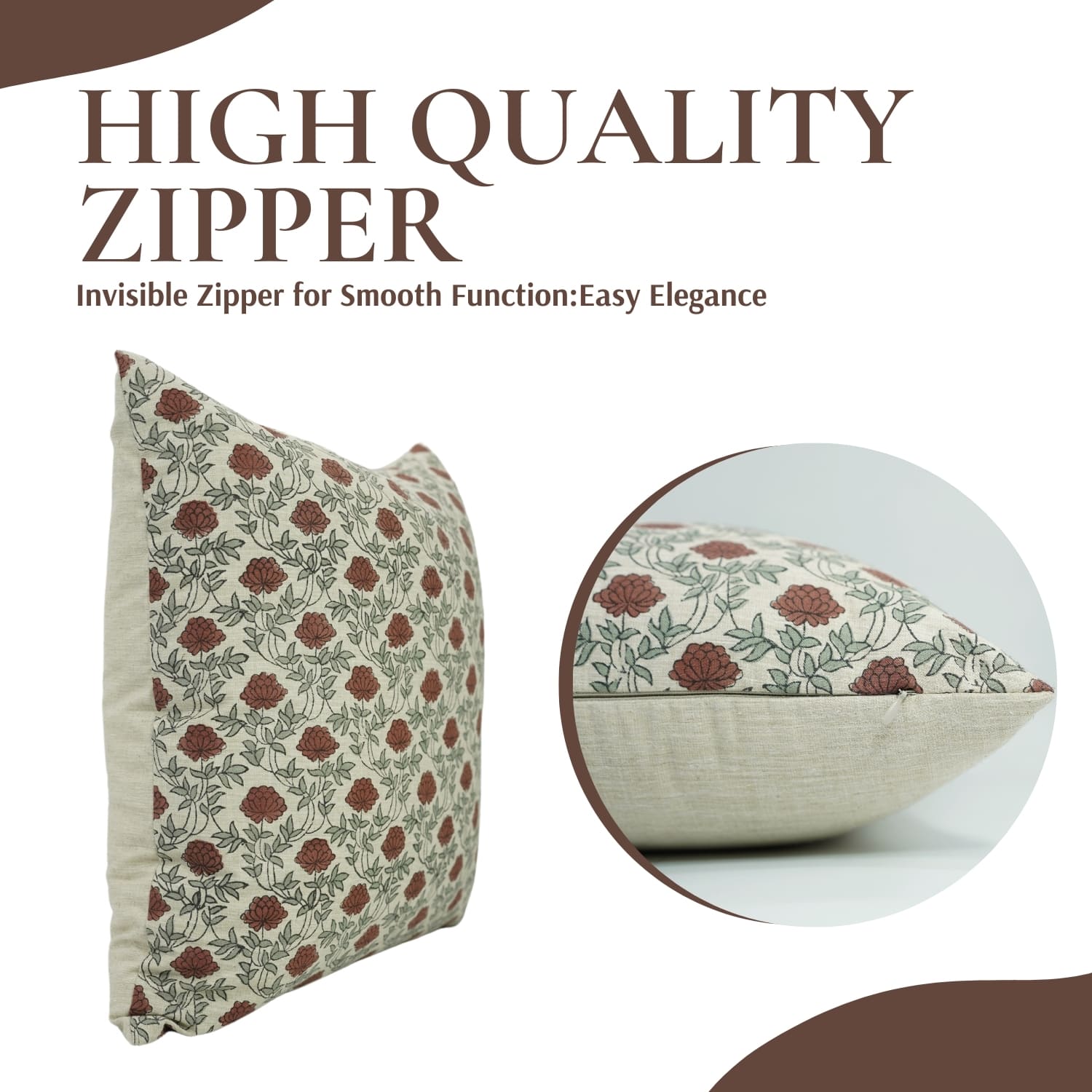 Khoobsurat handblock print pillow cover by Fab Divine, made from linen blend fabric.