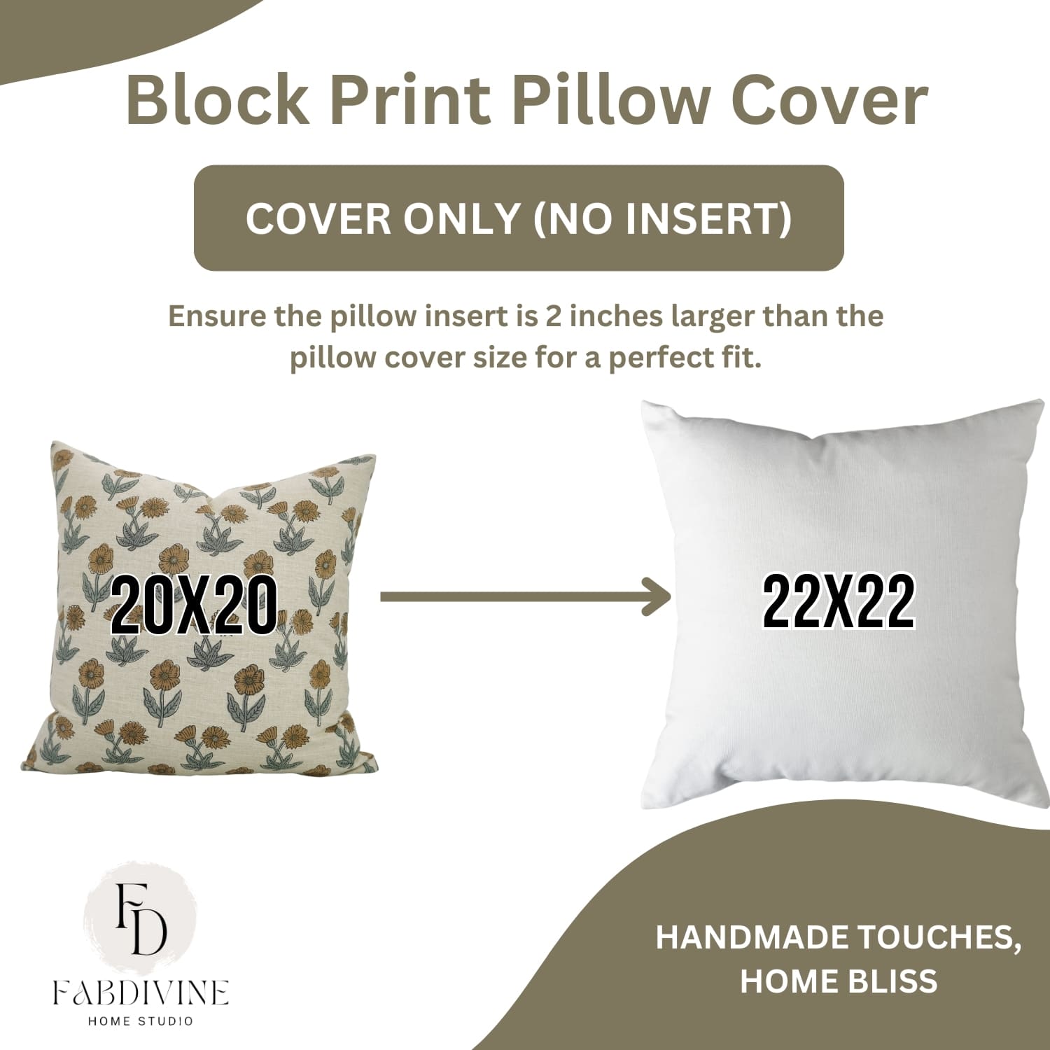 Block print pillow cover with measurements and Fabdivine branding