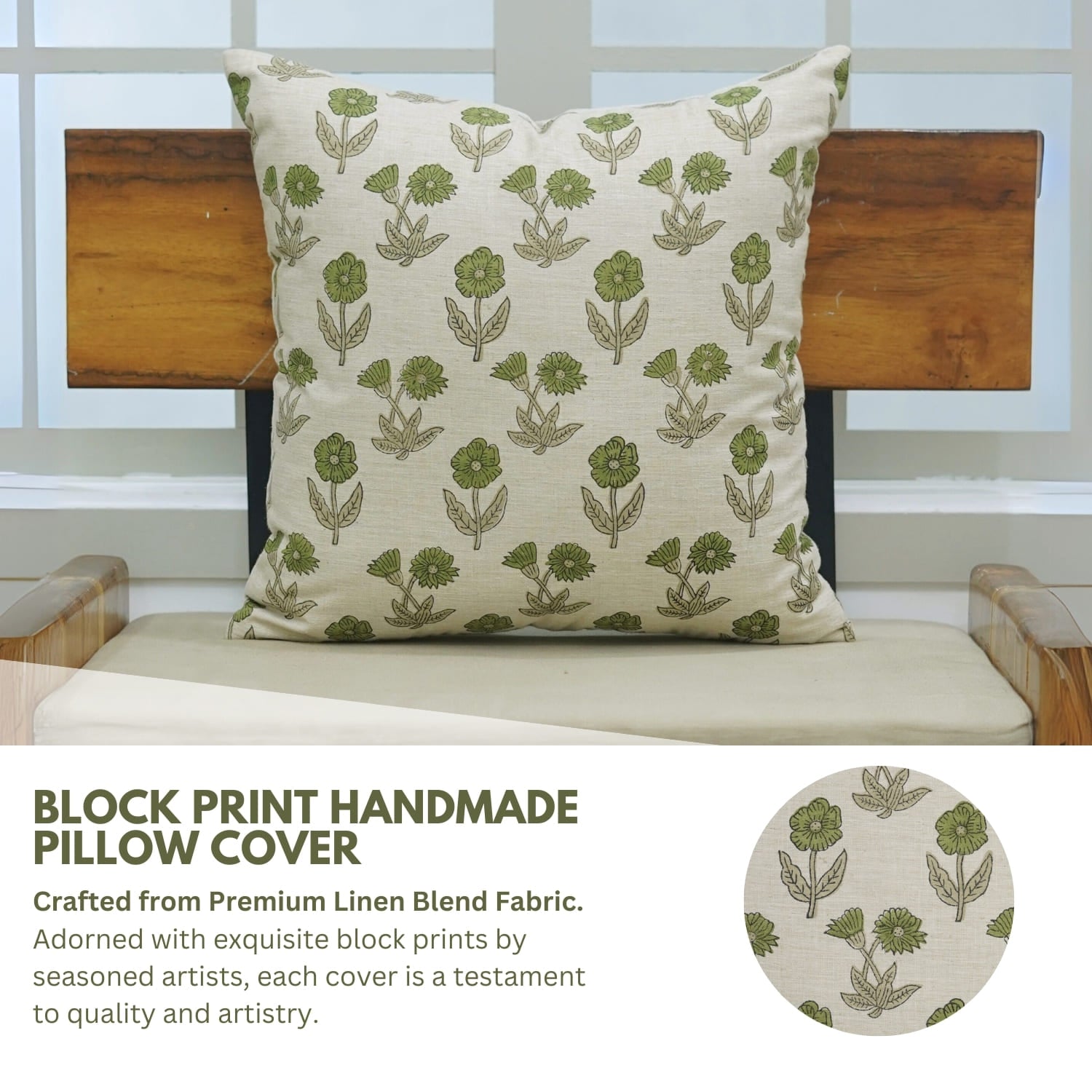 Block print handmade pillow cover on a wooden bench with text about the product.