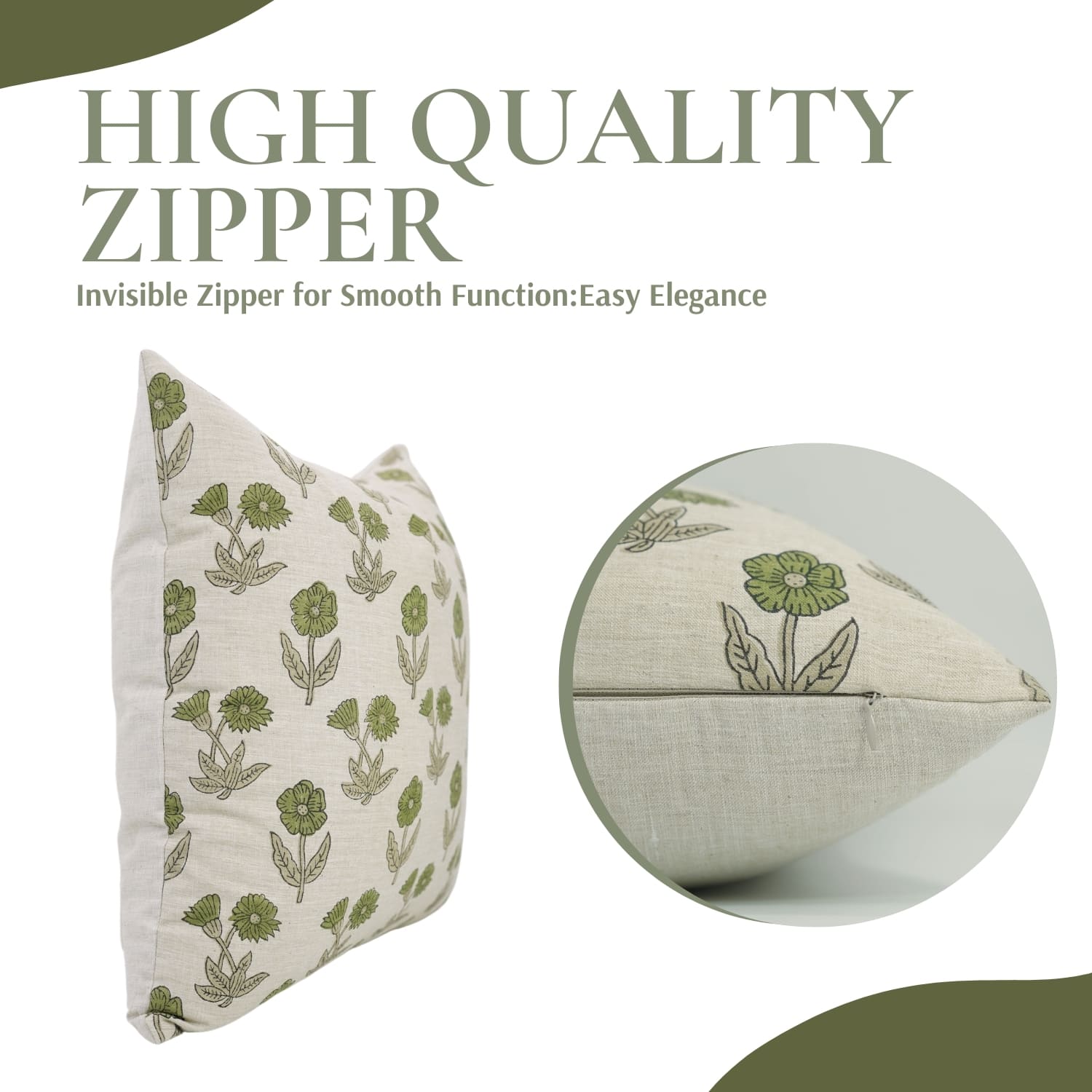 Decorative pillow with floral pattern and close-up of zipper on a white background