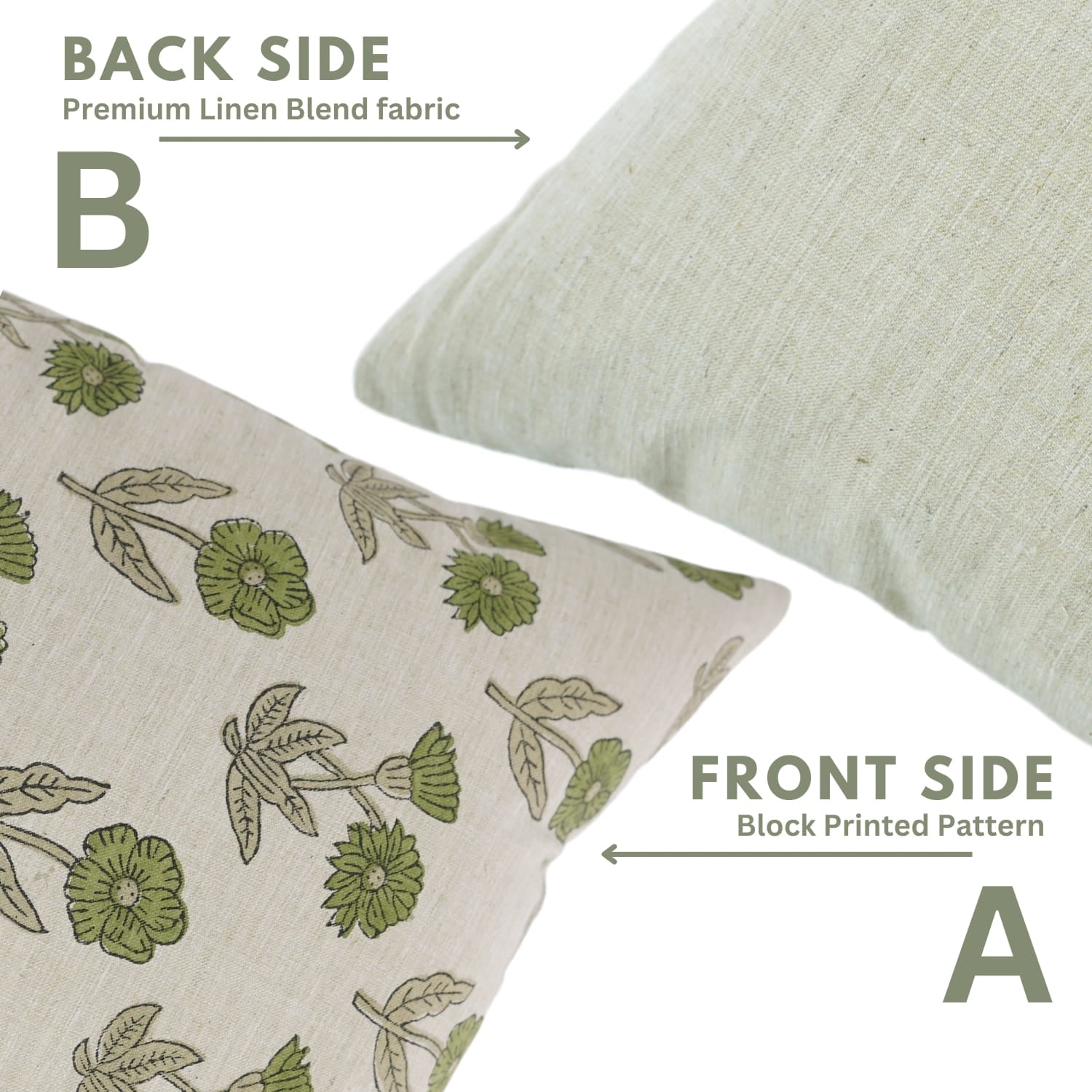 Two pillows showing front and back sides with floral pattern and plain fabric.