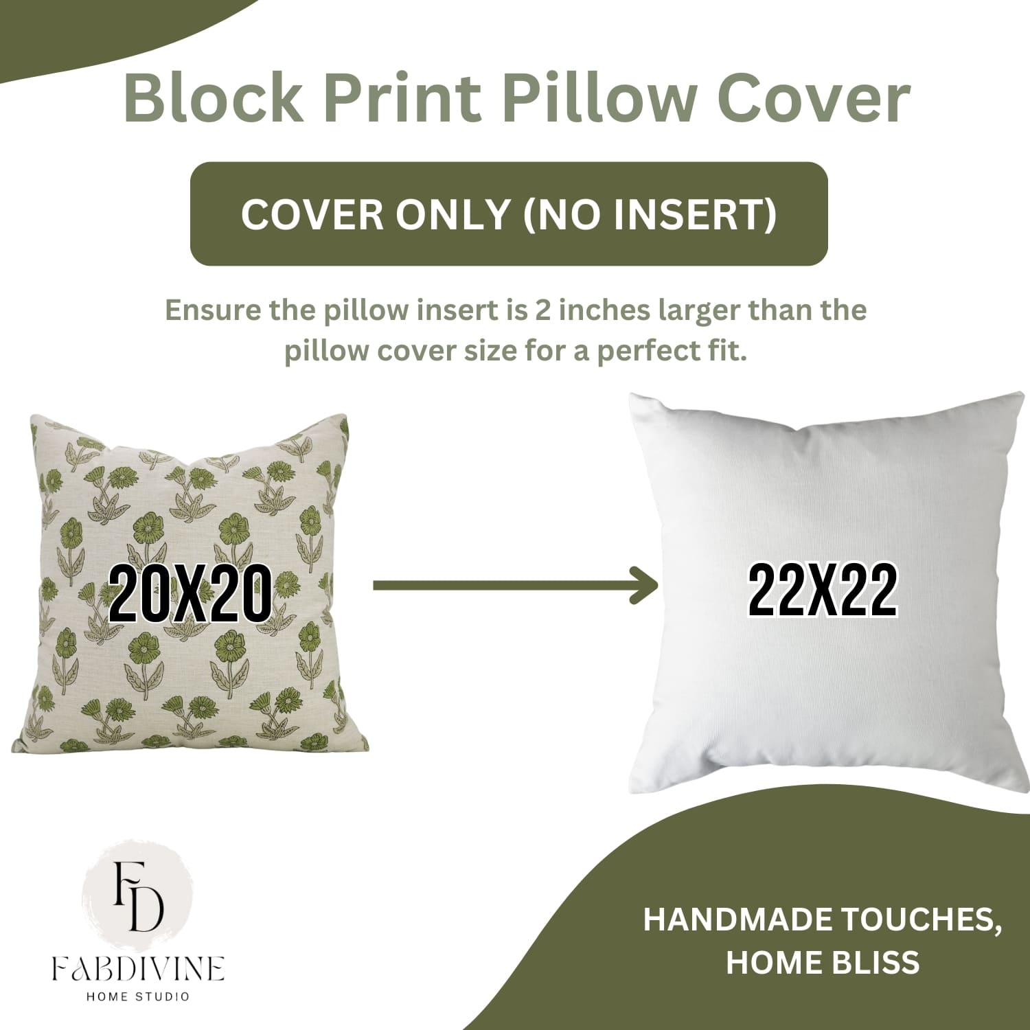 Block print pillow cover with dimensions and Fabdivine branding