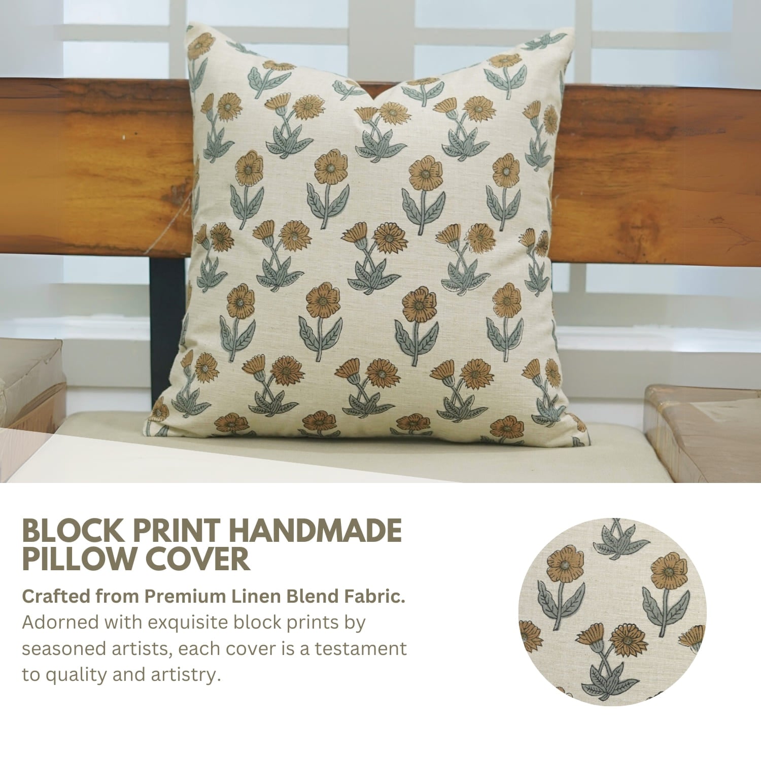 Floral patterned pillow cover on a wooden bench with text about the product.
