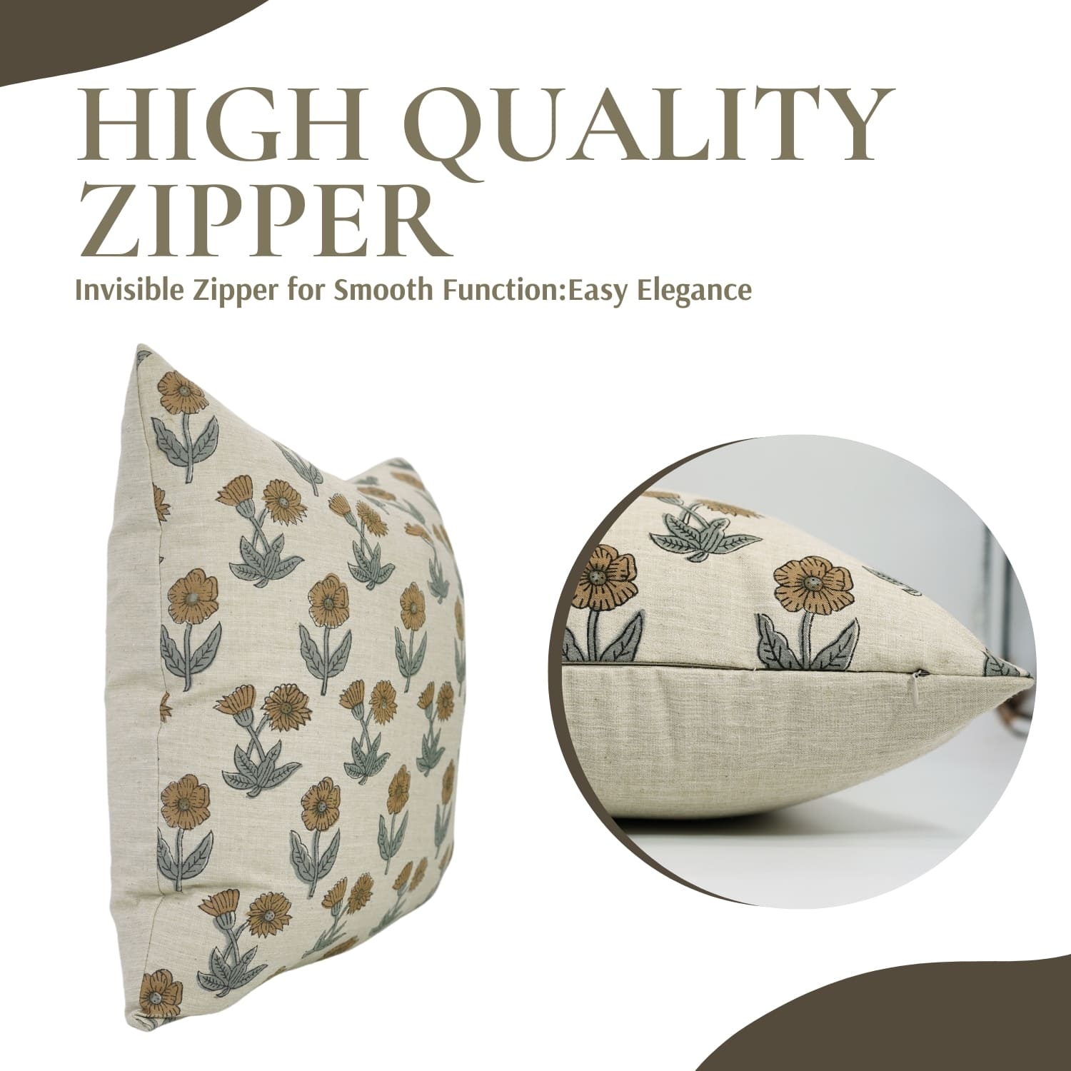 Floral-patterned pillow with an invisible zipper.
