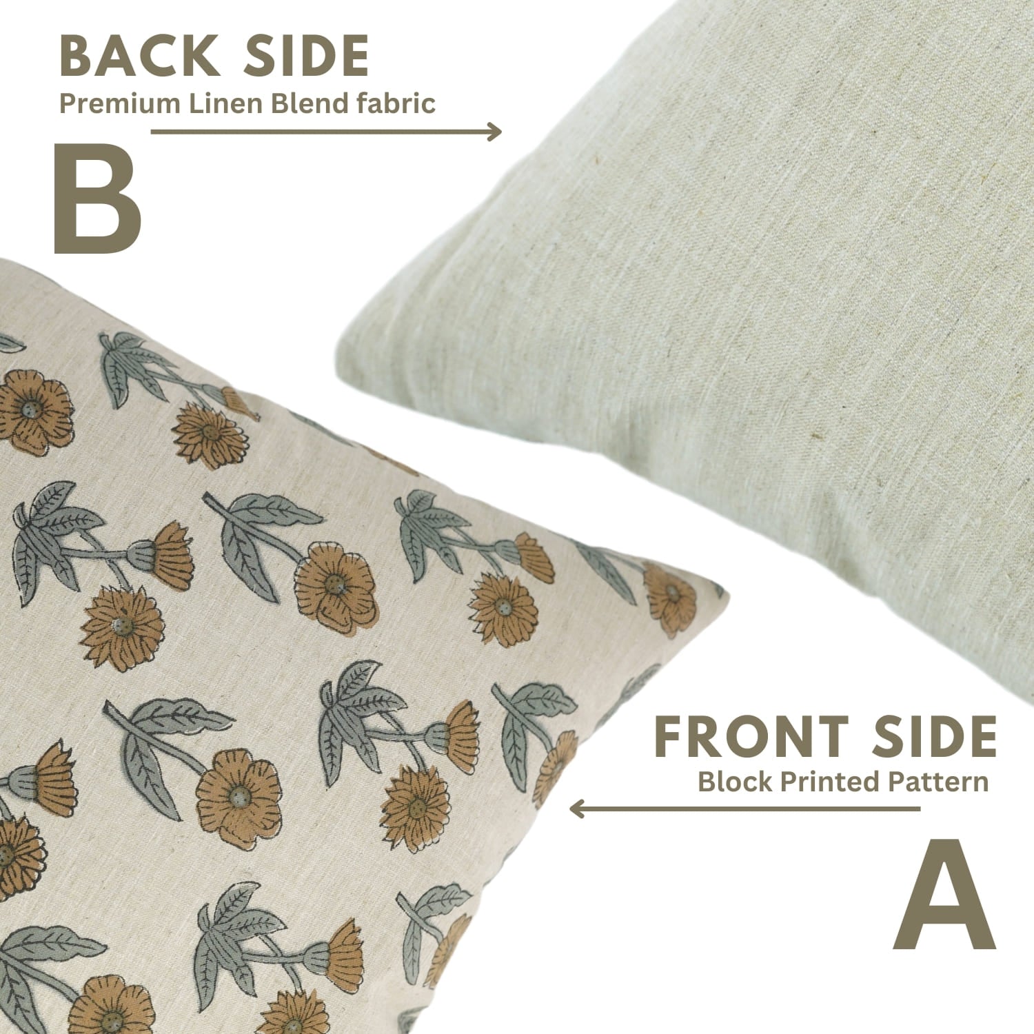 Two pillows showing front and back sides with floral pattern and plain fabric.