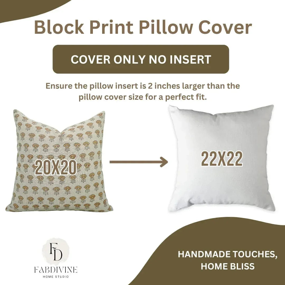 Block print pillow cover with measurements and FabDivine branding on a white background