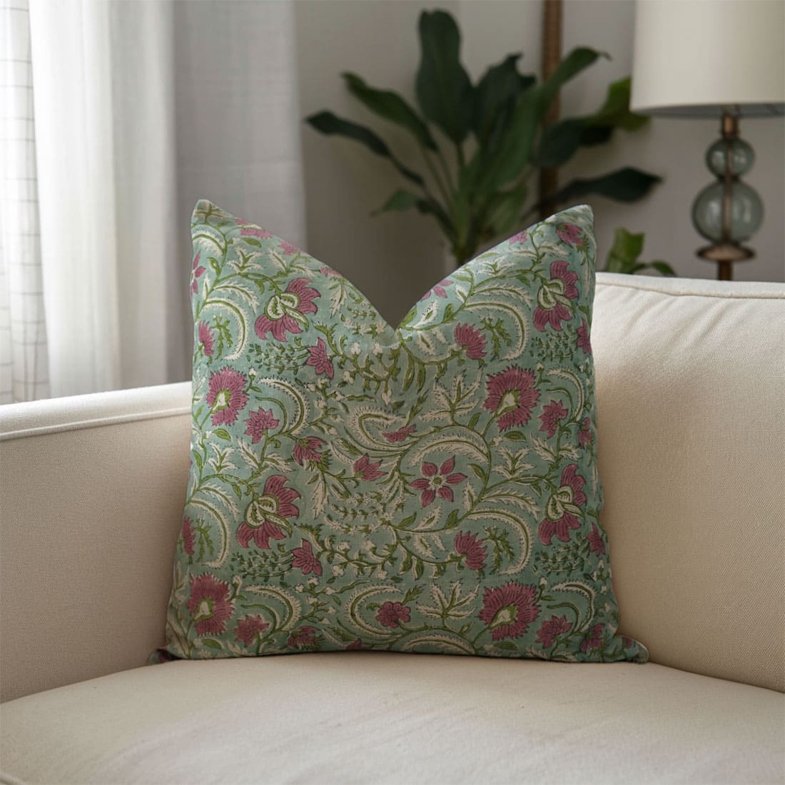 Hand-block printed cushion cover with artisanal boho patterns by Fabdivine.