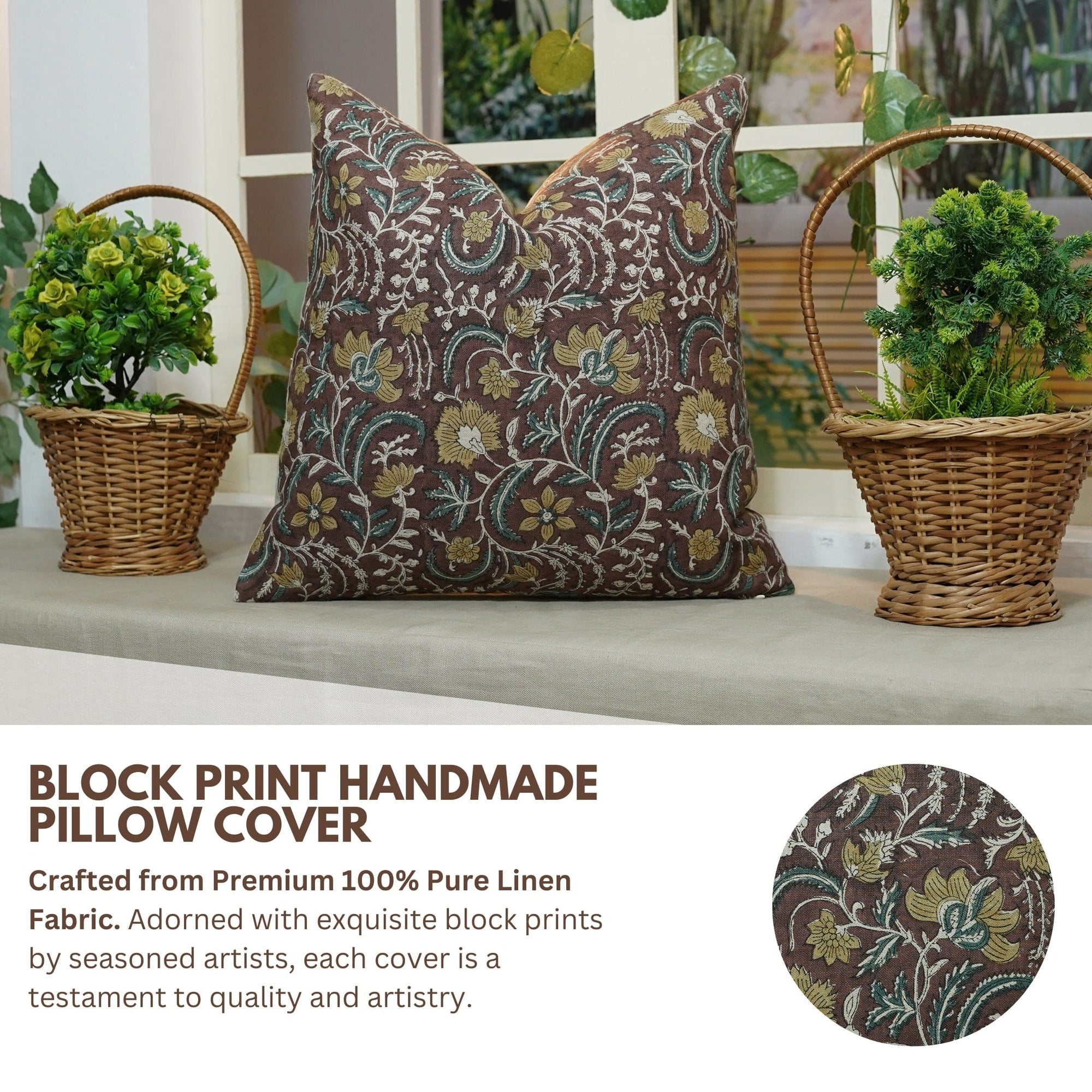 Block print handmade pillow cover on a bench with plants in the background