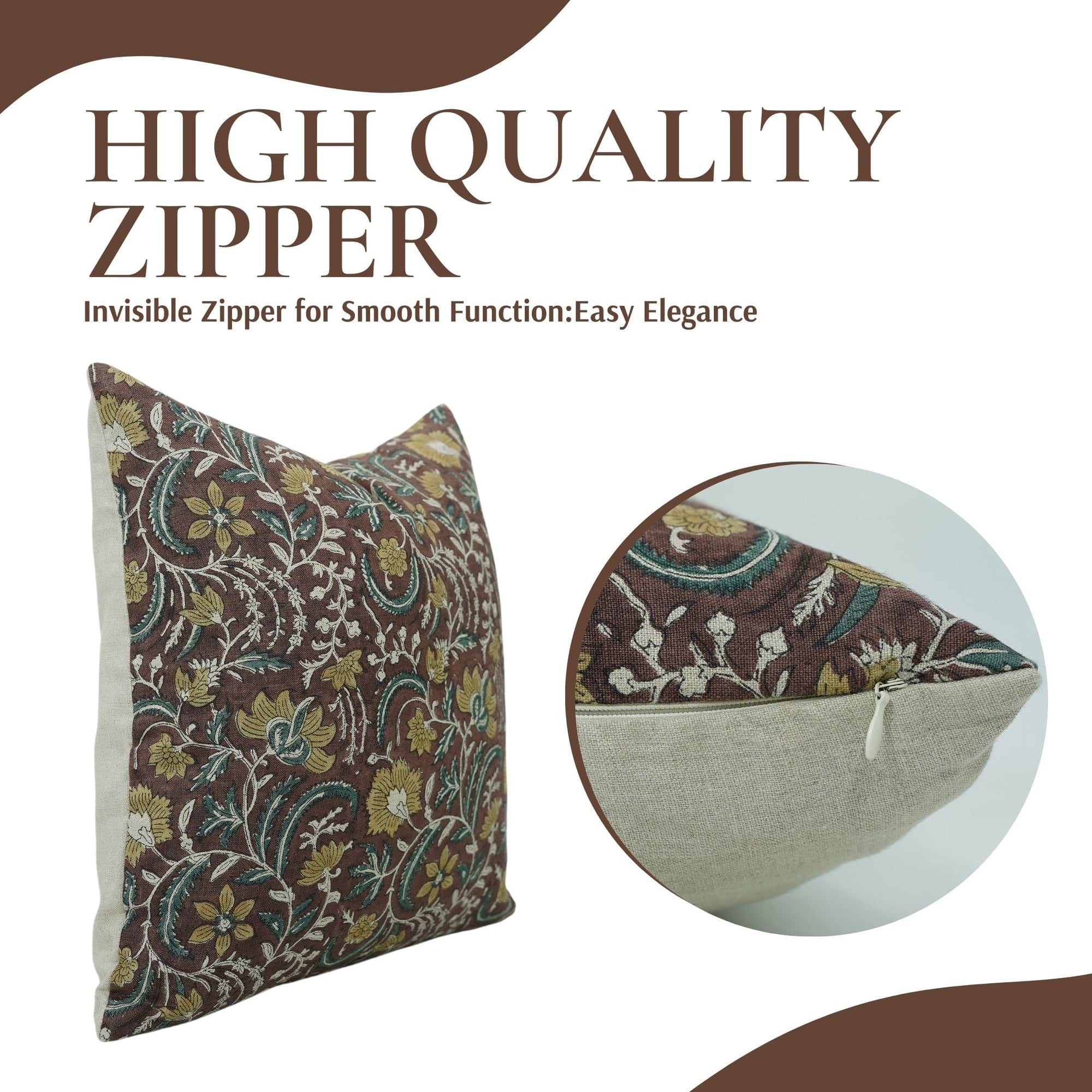 Decorative pillow with floral pattern and zipper, featuring text about high-quality zipper.