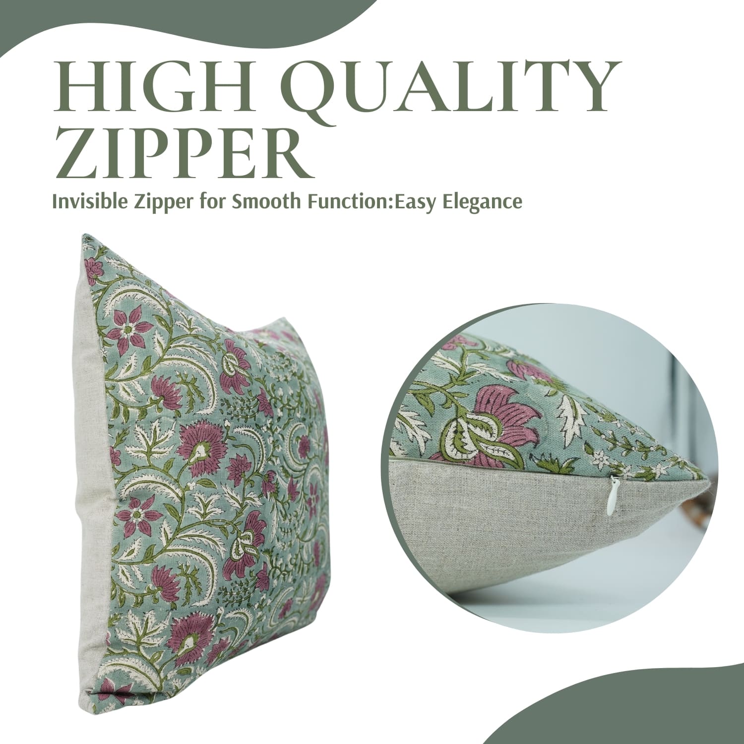 Traditional Indian block print cushion cover in a contemporary floral design.