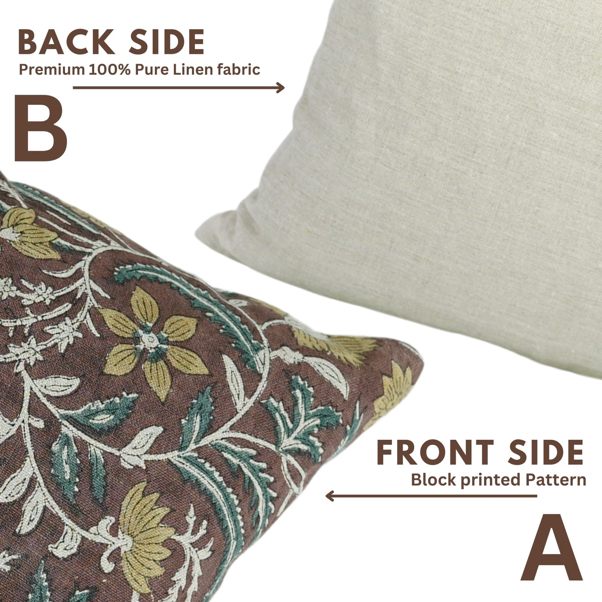 Two pillows, one with floral pattern and one with plain fabric, on a white background.