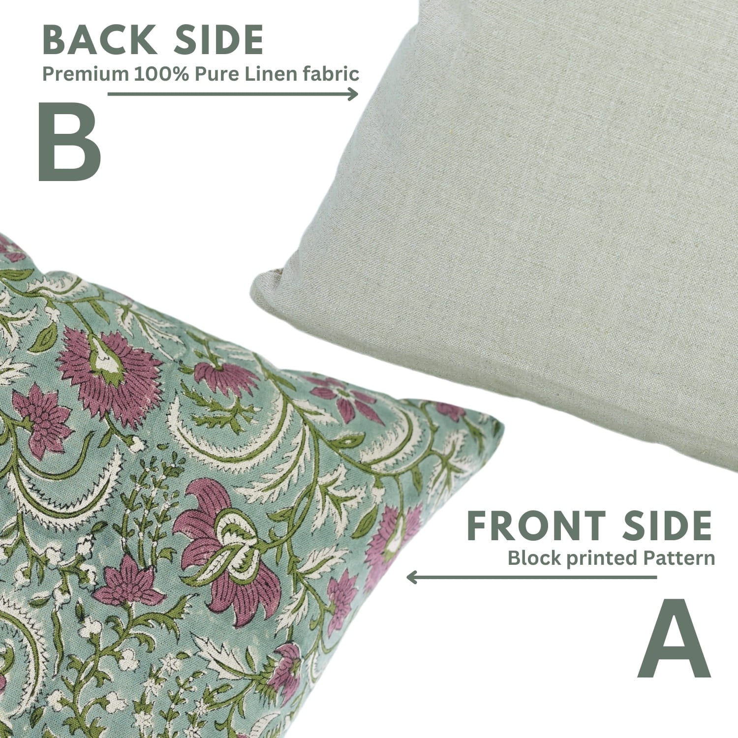 Two pillows, one with floral pattern and one with plain fabric, on a white background.