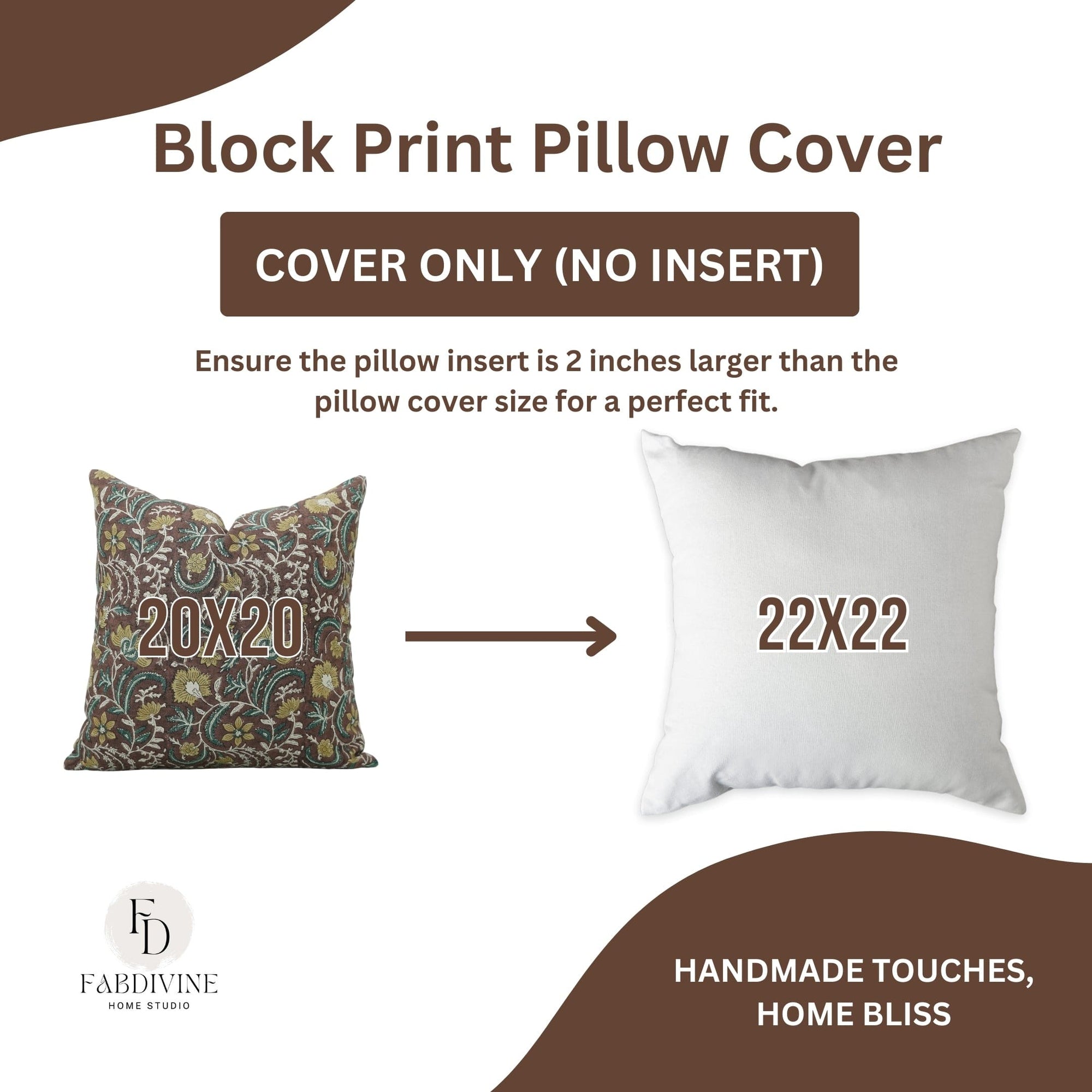 Block print pillow cover with measurement details and FarDivine Home Studio branding.
