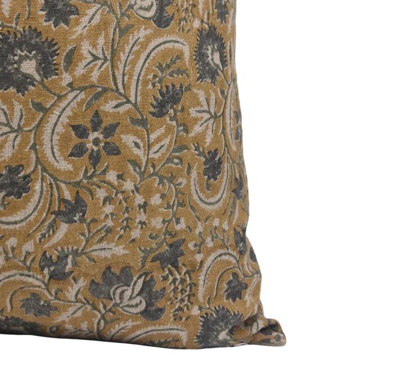 Block Print Mustard Linen Pillow Cover - Kundanvan