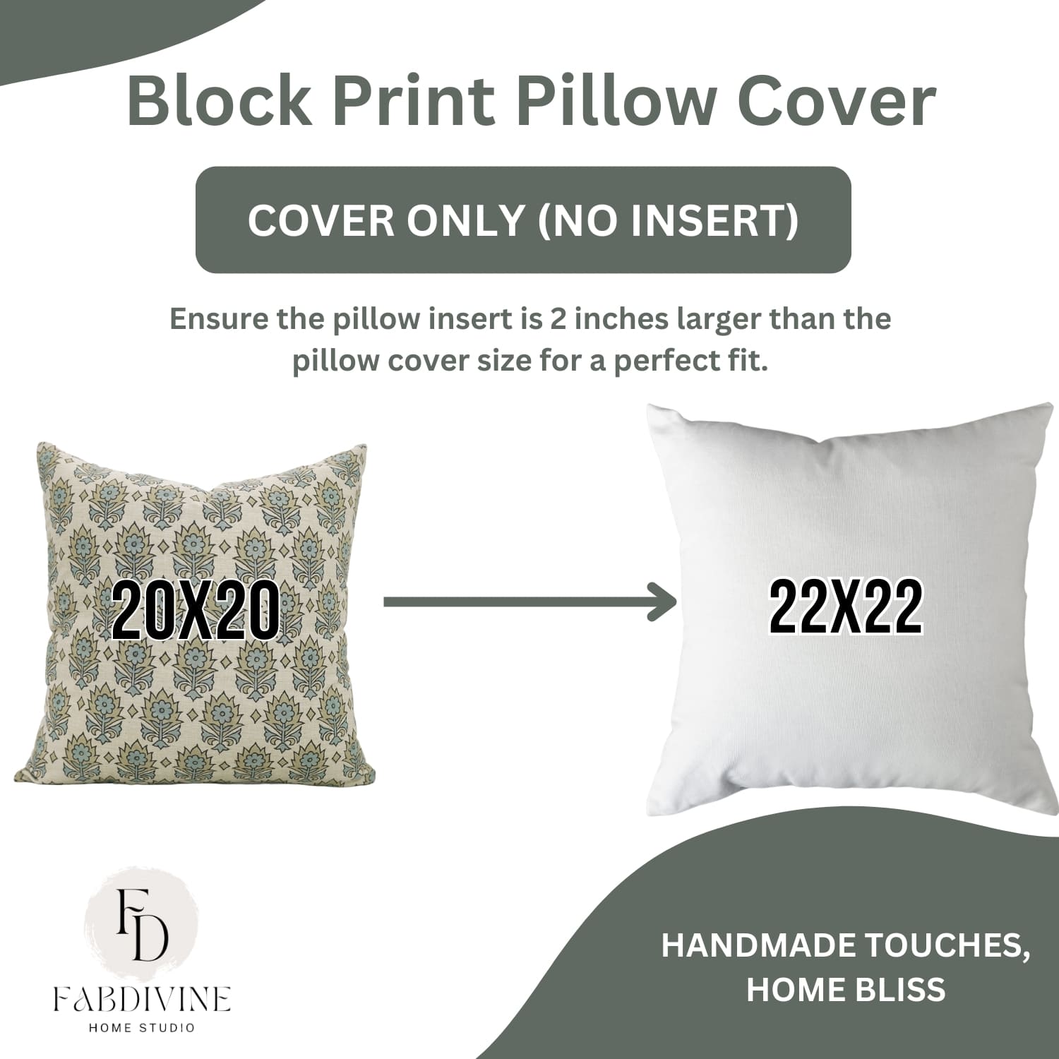 Block print pillow cover with dimensions 20x20 and 22x22, featuring Fabdivine Home Studio 