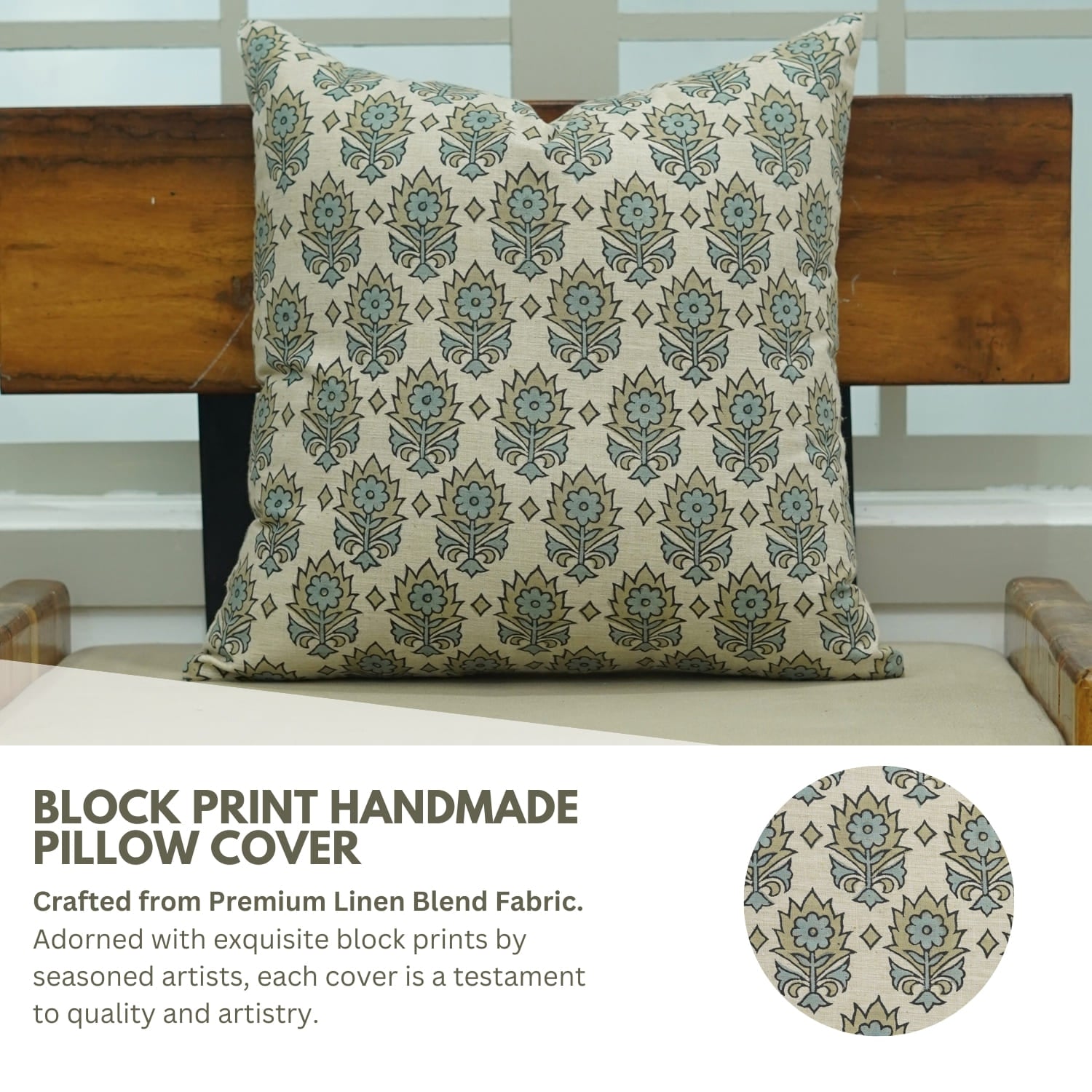 Block print handmade pillow cover on a wooden bench with product description text.