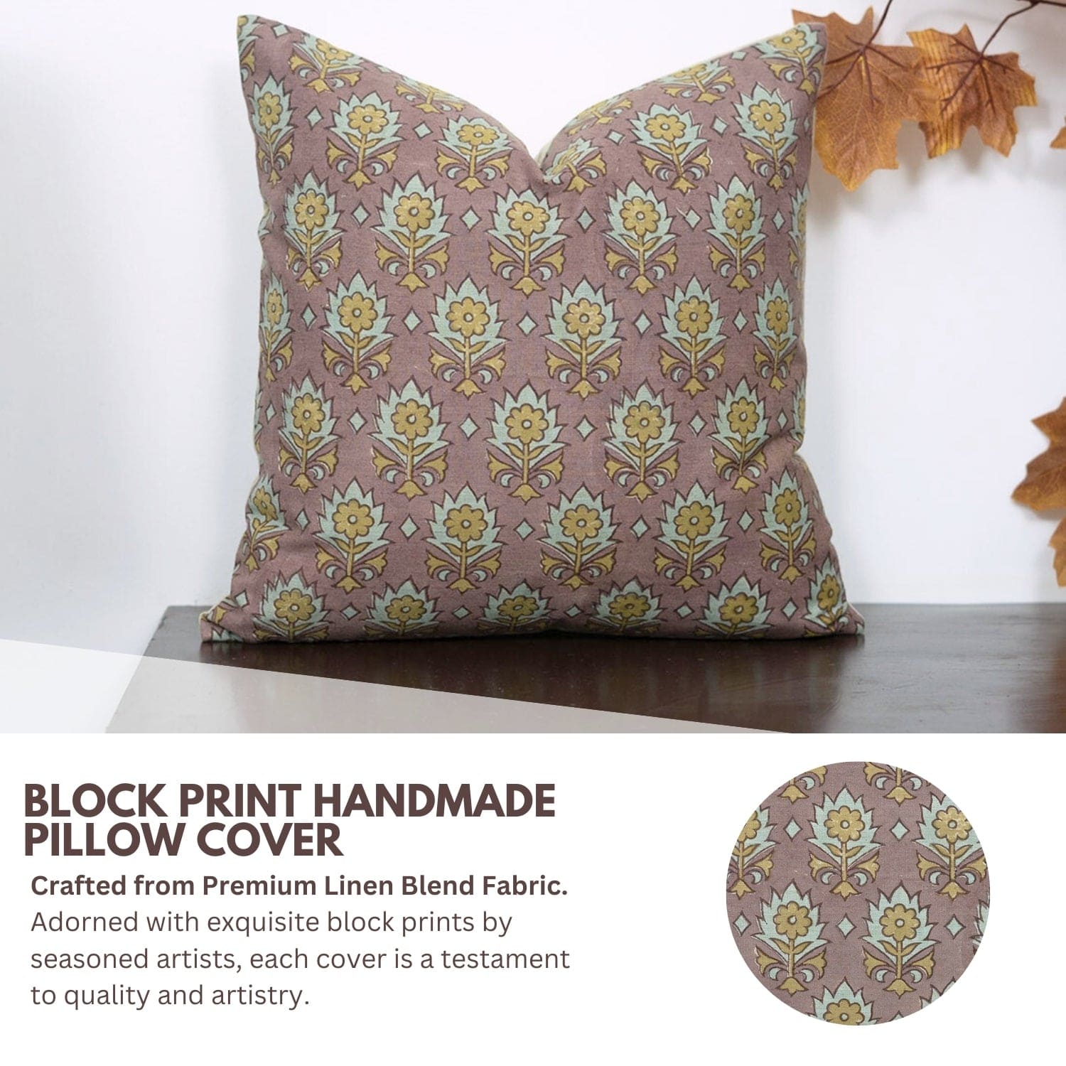 Mustard Floral Printed Linen Blend Cushion - Kusum
