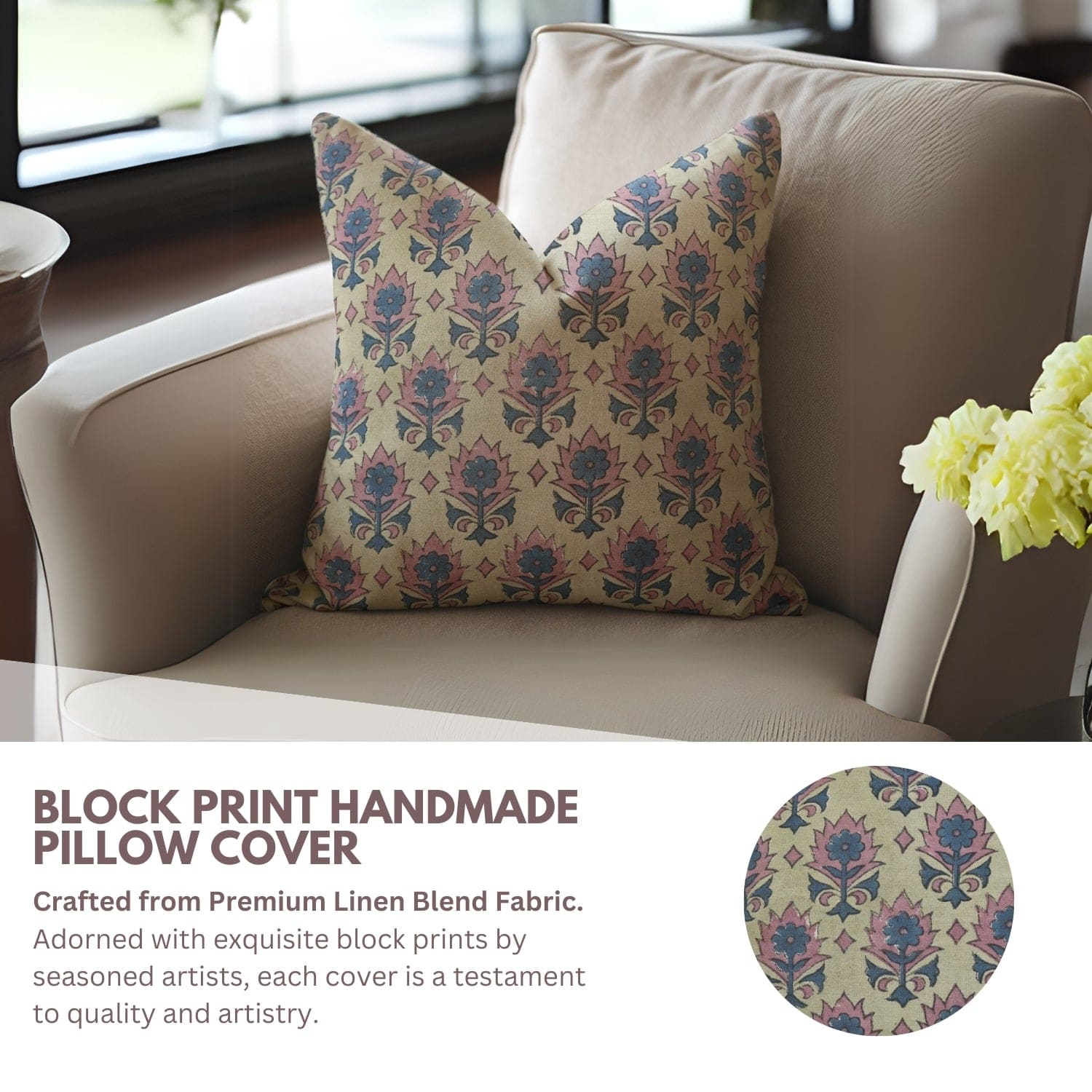 Pink Floral Block Print Linen Throw Case | Kusum